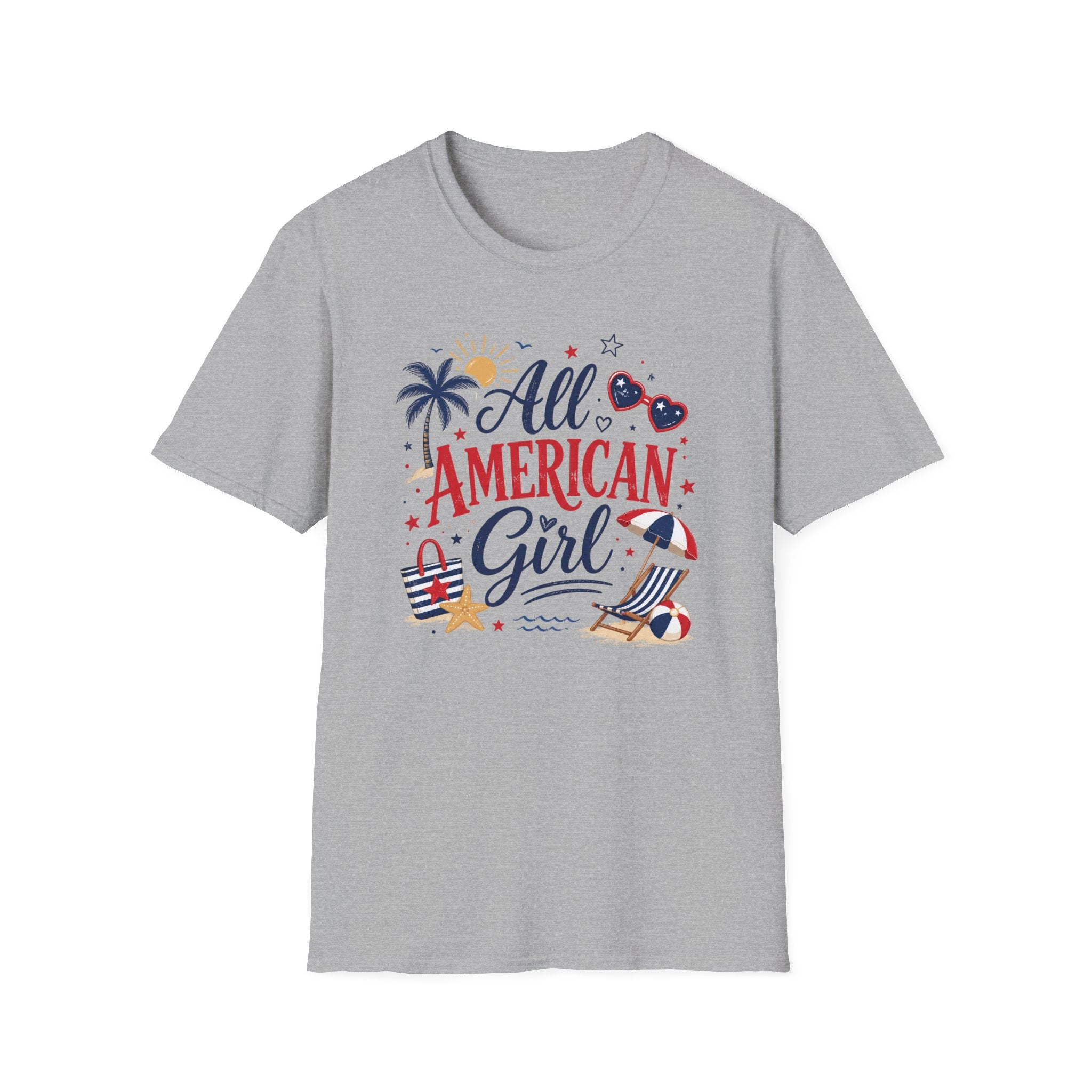 All American Girl Graphic Tee - Patriotic 4th of July Summer Beach T-Shirt