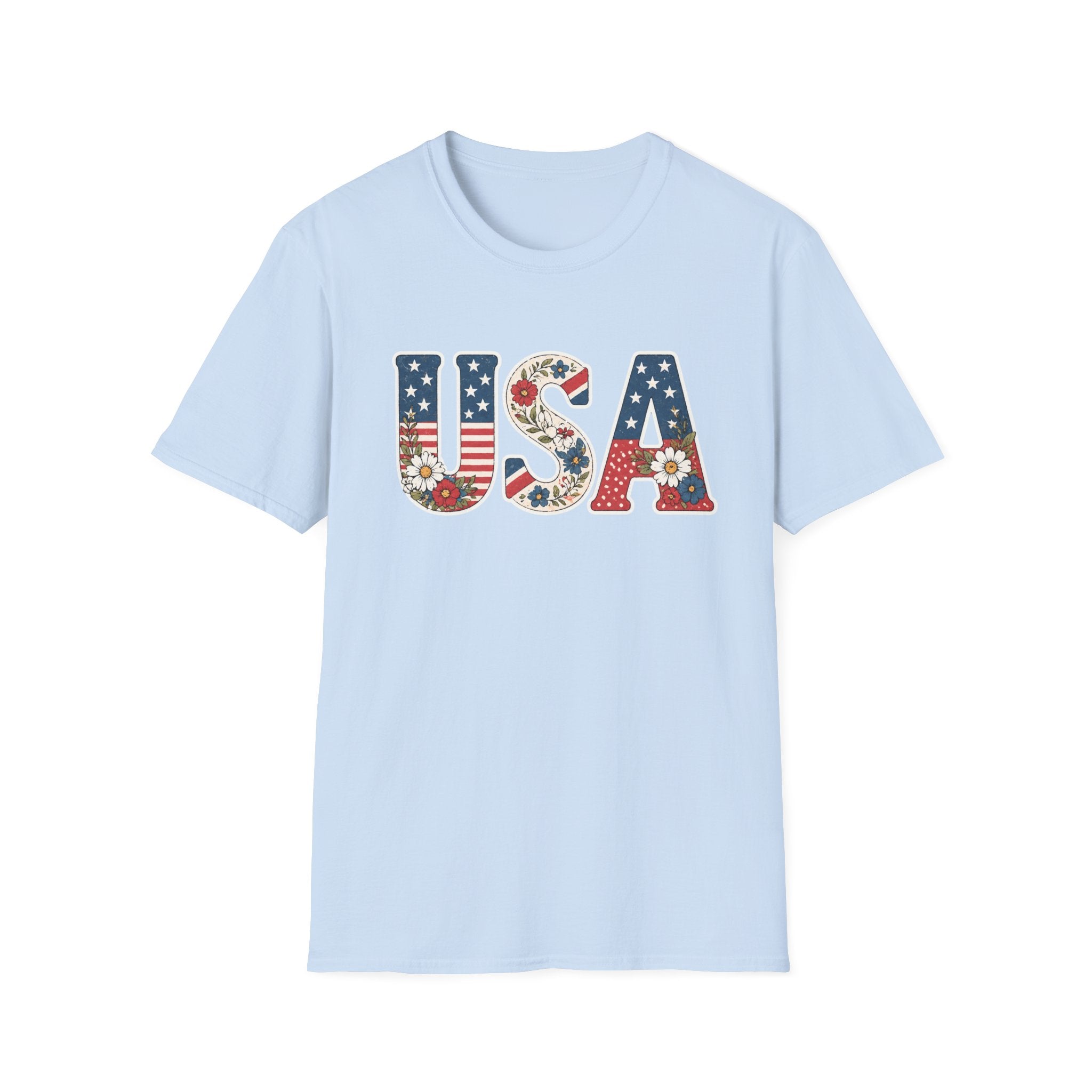 USA Patriotic Floral T-Shirt | American Flag Block Lettering Graphic Tee, Fourth Of July Vintage Cottagecore Top