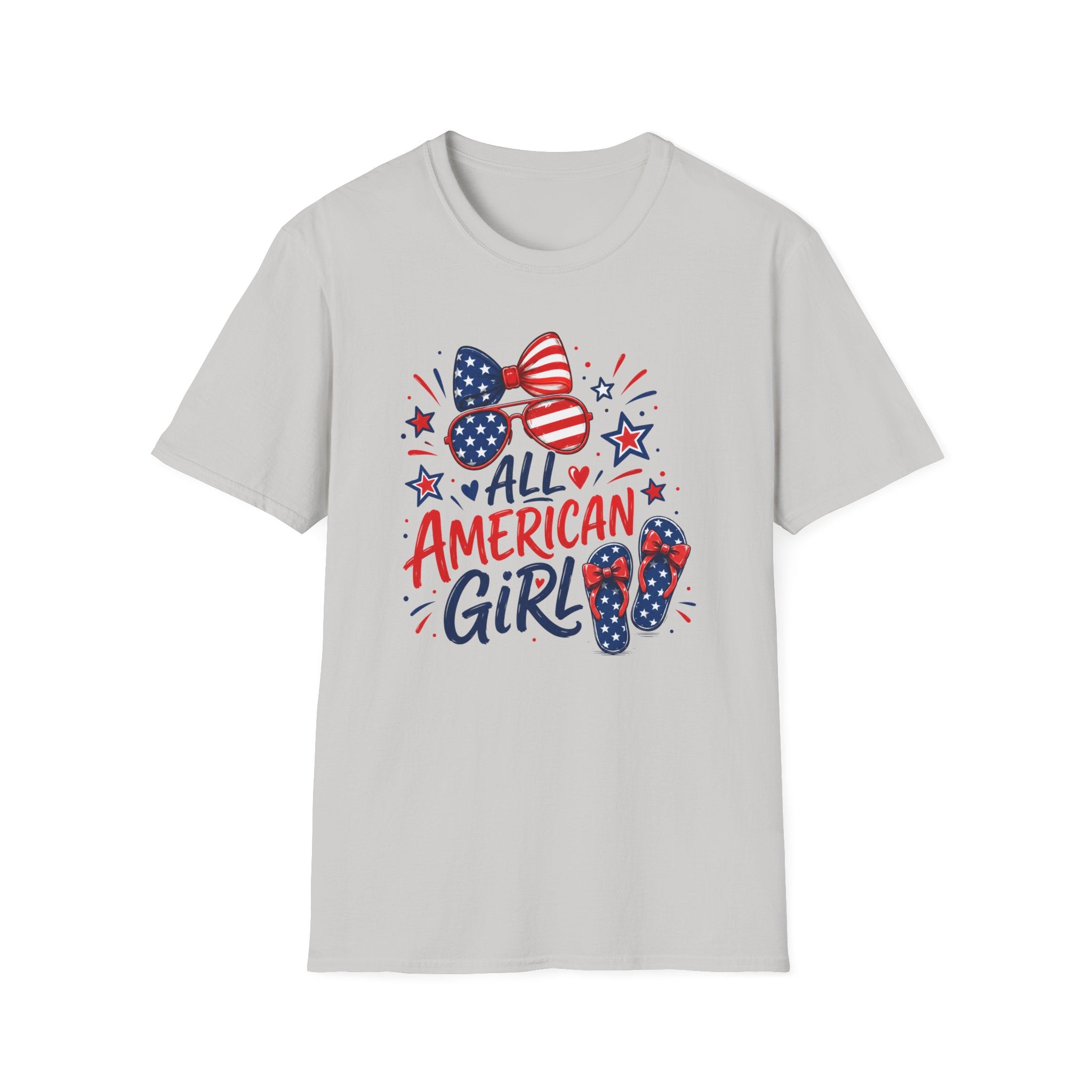 All American Girl Tee, Patriotic Bow Flip Flops Shirt, Red White Blue Graphic Top, Cute USA Fourth of July Outfit T-Shirt