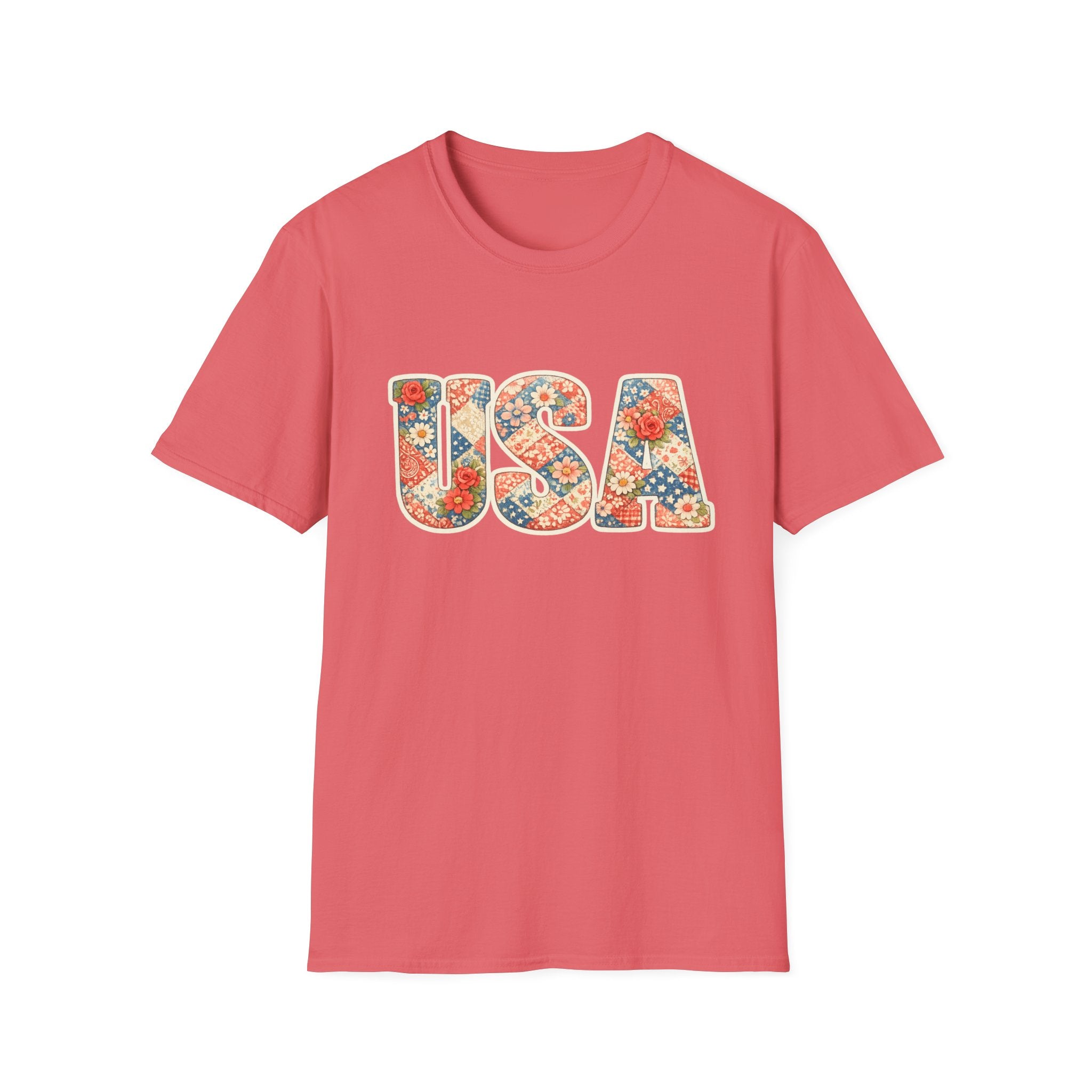 USA Floral Patchwork T-Shirt | Patriotic Block Lettering Graphic Tee, Fourth Of July Vintage Cottagecore Top