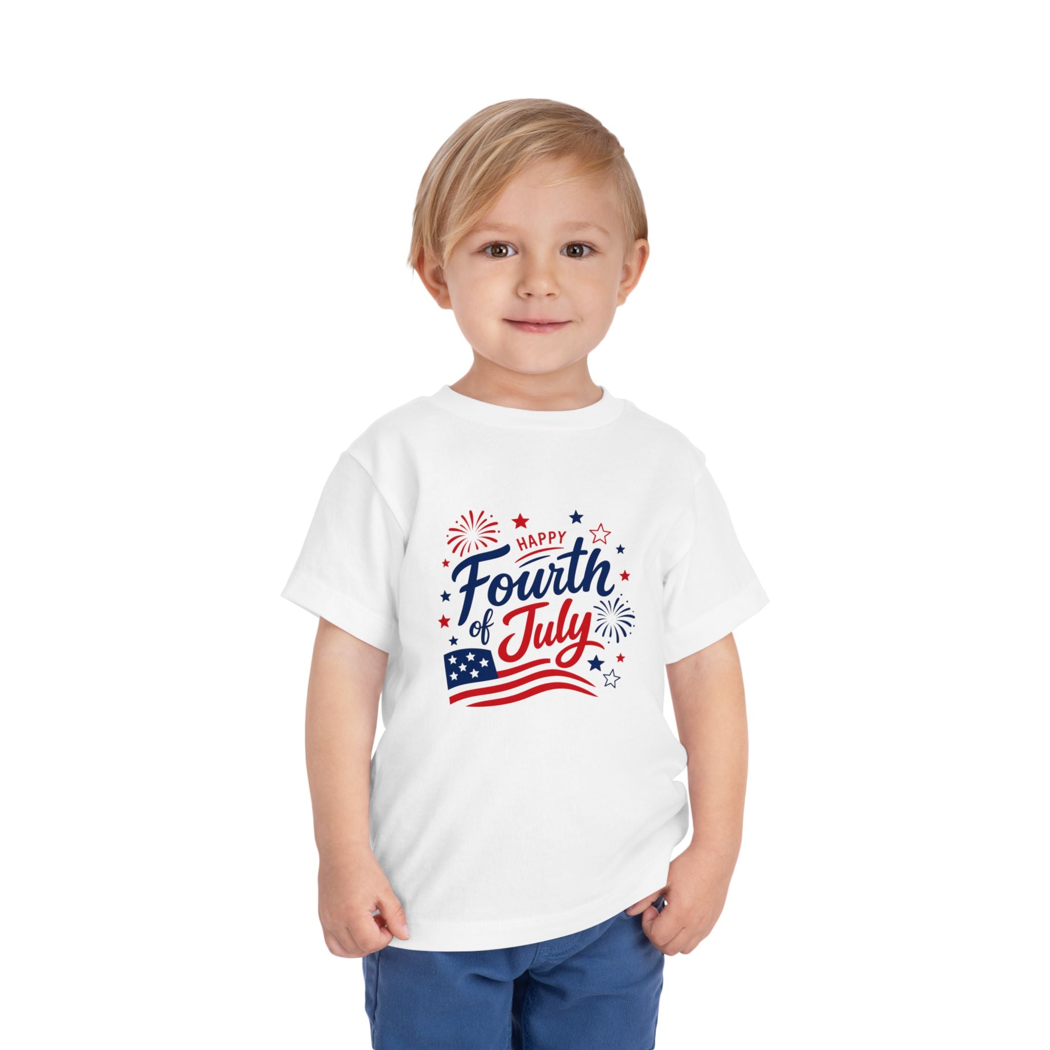 Happy Fourth of July Patriotic T-Shirt, Americana Fireworks Graphic Tee, Retro Independence Day Shirt, Summer Celebration Apparel, Red White Blue Outfit Toddler Short Sleeve Tee