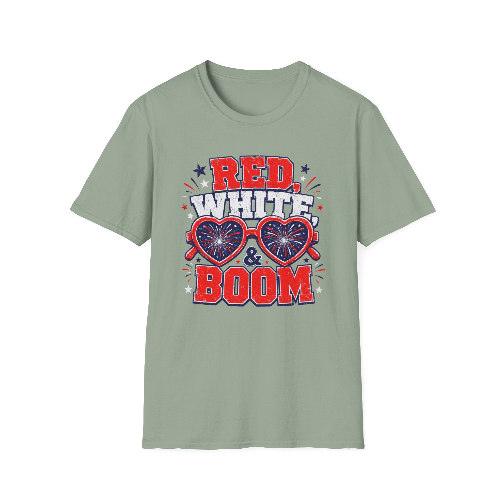 Red White Boom Sunglasses Shirt, Funny Patriotic Heart Glasses Firework Tee, 4th of July Pun Party T-Shirt, Retro Boom America Celebration Gift