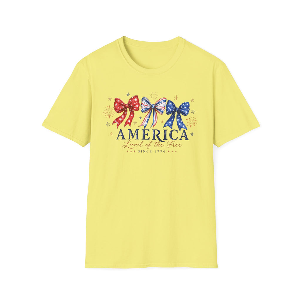 America Land of the Free Graphic Tee - Patriotic 4th of July Coquette Bow T-Shirt