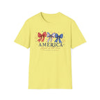 America Land of the Free Graphic Tee - Patriotic 4th of July Coquette Bow T-Shirt