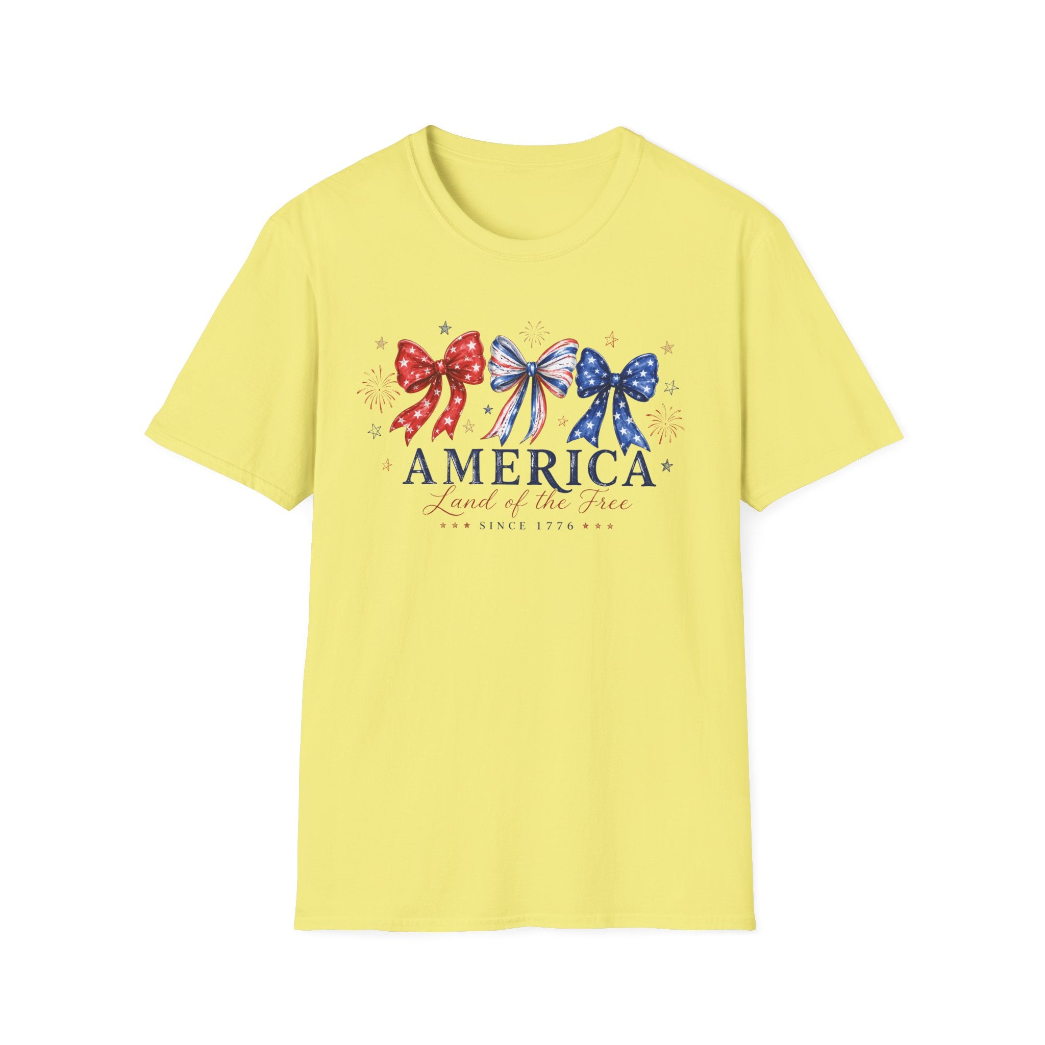 America Land of the Free Graphic Tee - Patriotic 4th of July Coquette Bow T-Shirt