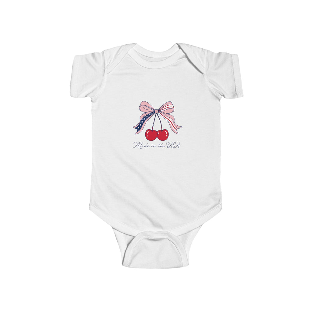 Cherry Baby French Onesie, Cute Red Bow Infant Bodysuit, Sweet Fruit Graphic Baby Outfit, Adorable Newborn Gift Infant Fine Jersey Bodysuit