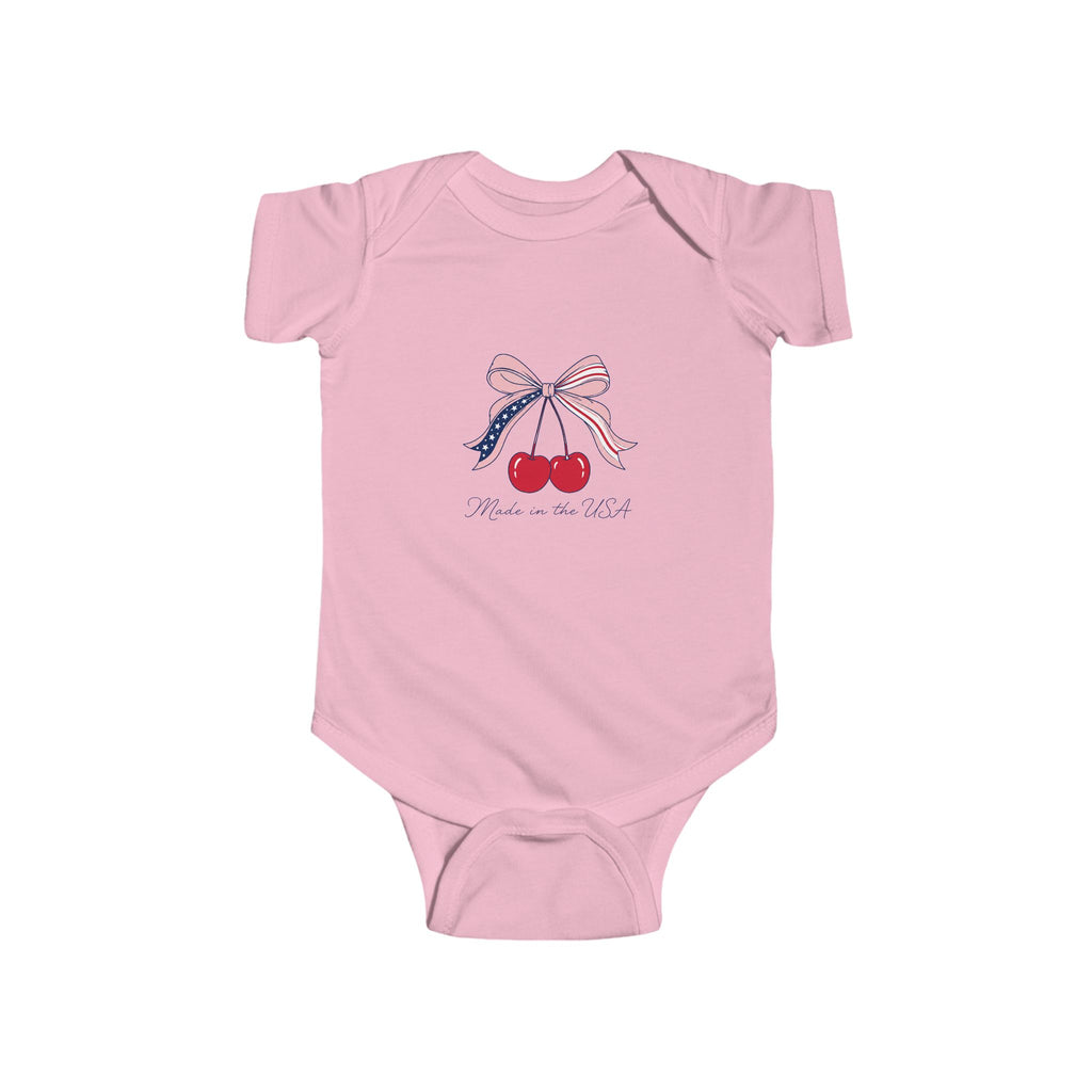 Cherry Baby French Onesie, Cute Red Bow Infant Bodysuit, Sweet Fruit Graphic Baby Outfit, Adorable Newborn Gift Infant Fine Jersey Bodysuit