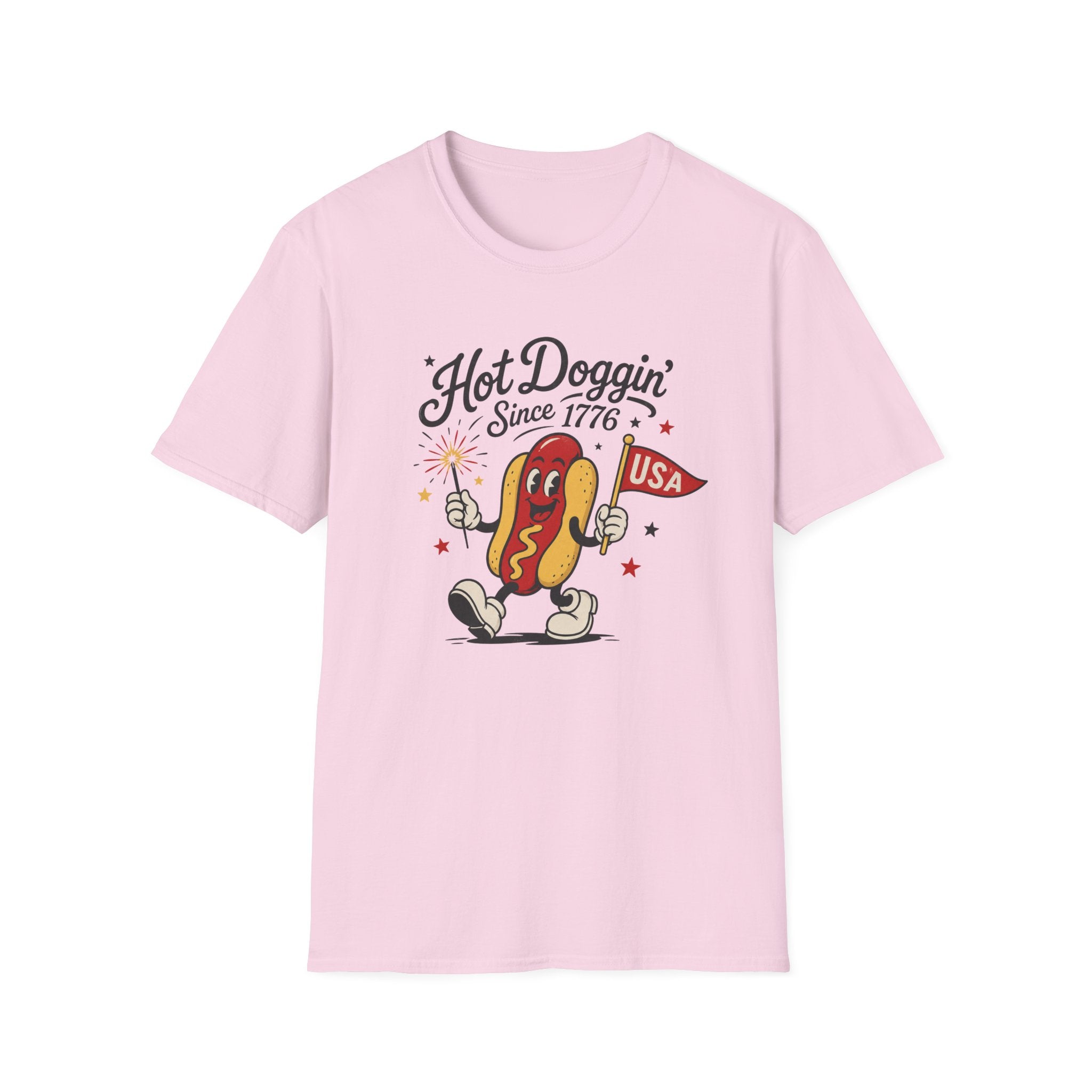 Hot Doggin Since 1776 Tee, Patriotic USA Hot Dog Shirt, Fun Red White Blue Graphic Top, Fourth of July Celebration Outfit Unisex Softstyle T-Shirt