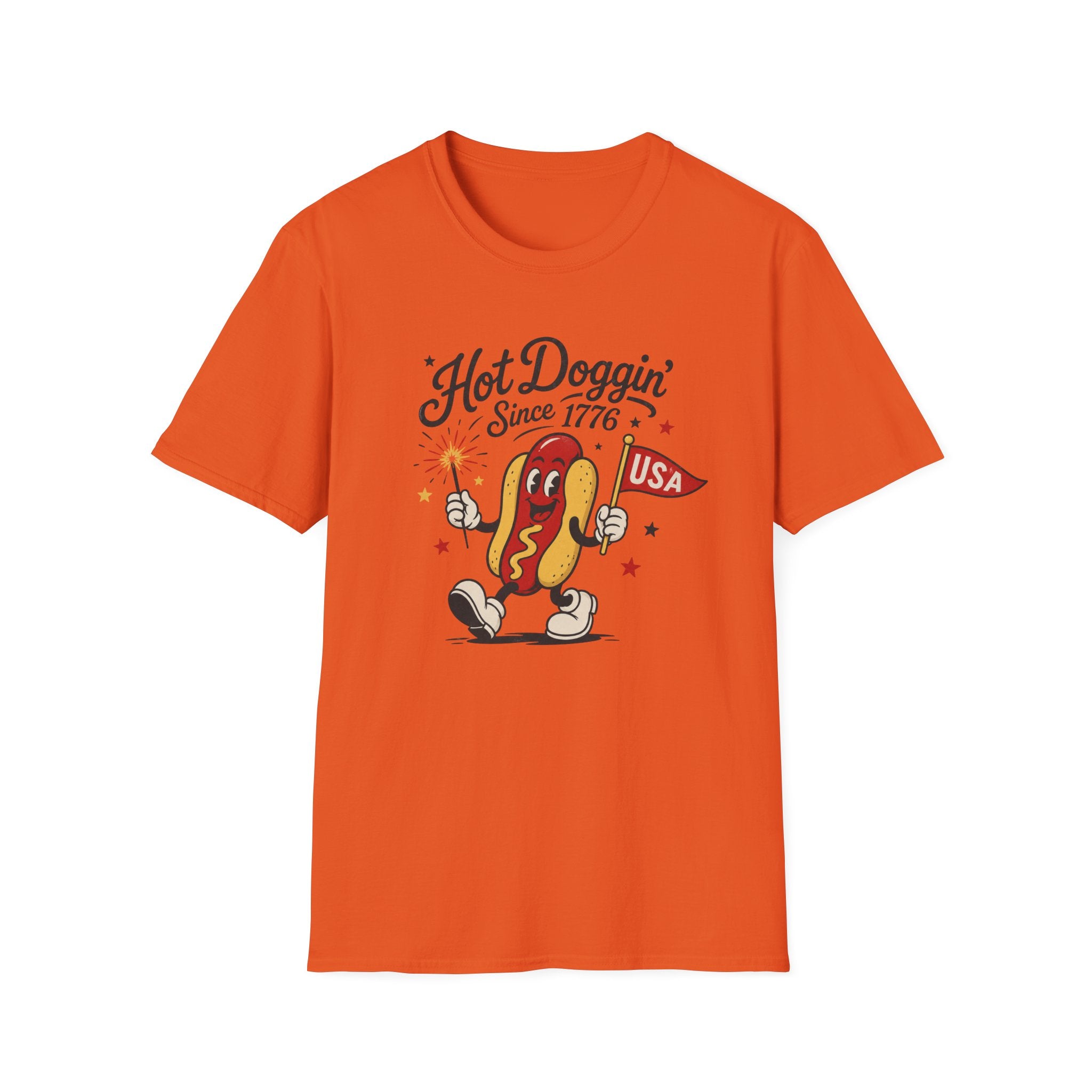 Hot Doggin Since 1776 Tee, Patriotic USA Hot Dog Shirt, Fun Red White Blue Graphic Top, Fourth of July Celebration Outfit Unisex Softstyle T-Shirt
