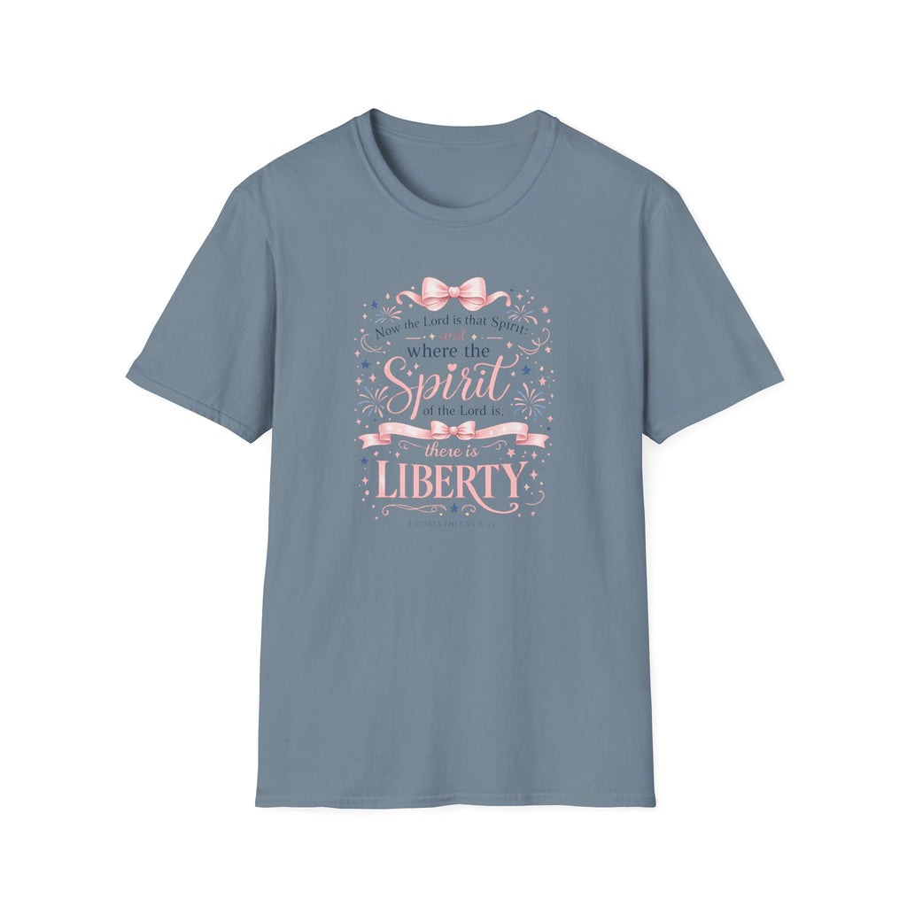 Where The Spirit Of The Lord Is Liberty T-Shirt | Christian Bible Verse Graphic Tee, Pink Coquette Ribbon Bow Top