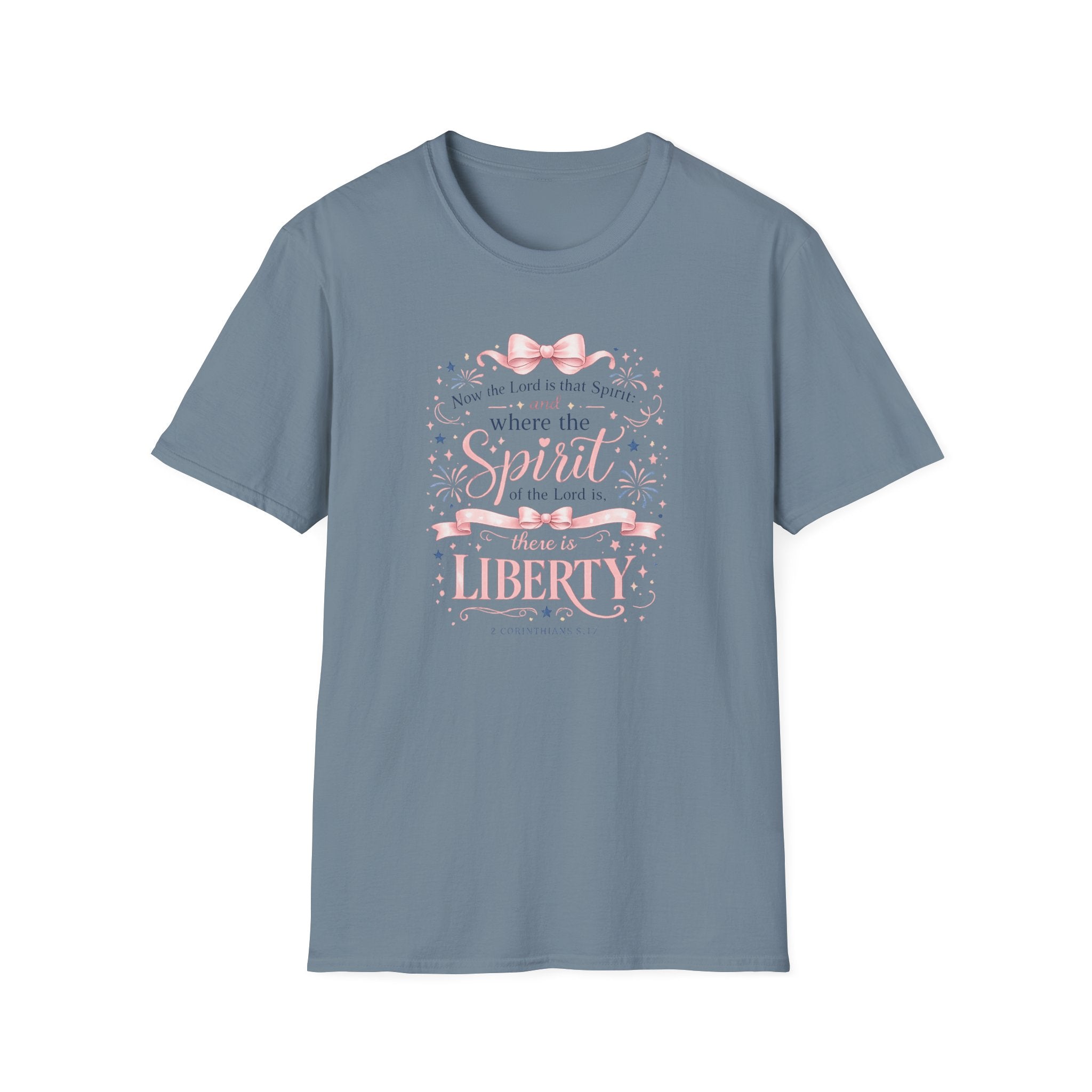 Where The Spirit Of The Lord Is Liberty T-Shirt | Christian Bible Verse Graphic Tee, Pink Coquette Ribbon Bow Top