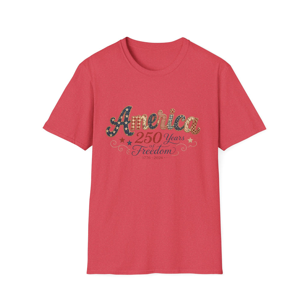 America 250 Years of Freedom Patchwork Shirt, Retro Patriotic Script Tee 1776 2026, 4th of July Vintage Americana T-Shirt, Gingham Stars Scrollwork Anniversary