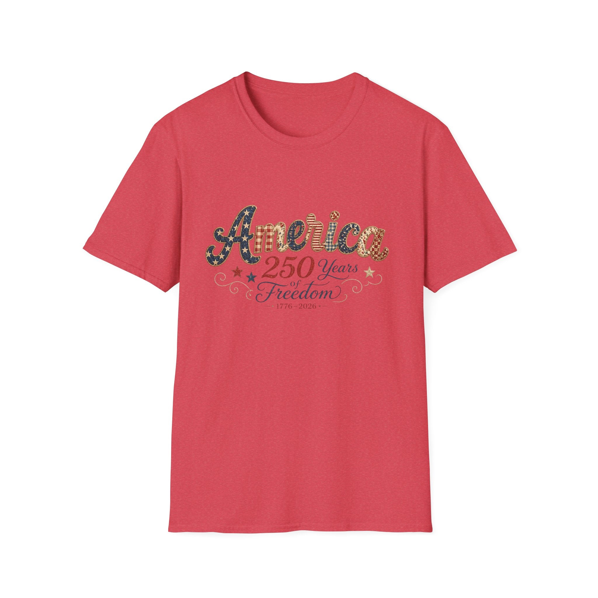 America 250 Years of Freedom Patchwork Shirt, Retro Patriotic Script Tee 1776 2026, 4th of July Vintage Americana T-Shirt, Gingham Stars Scrollwork Anniversary