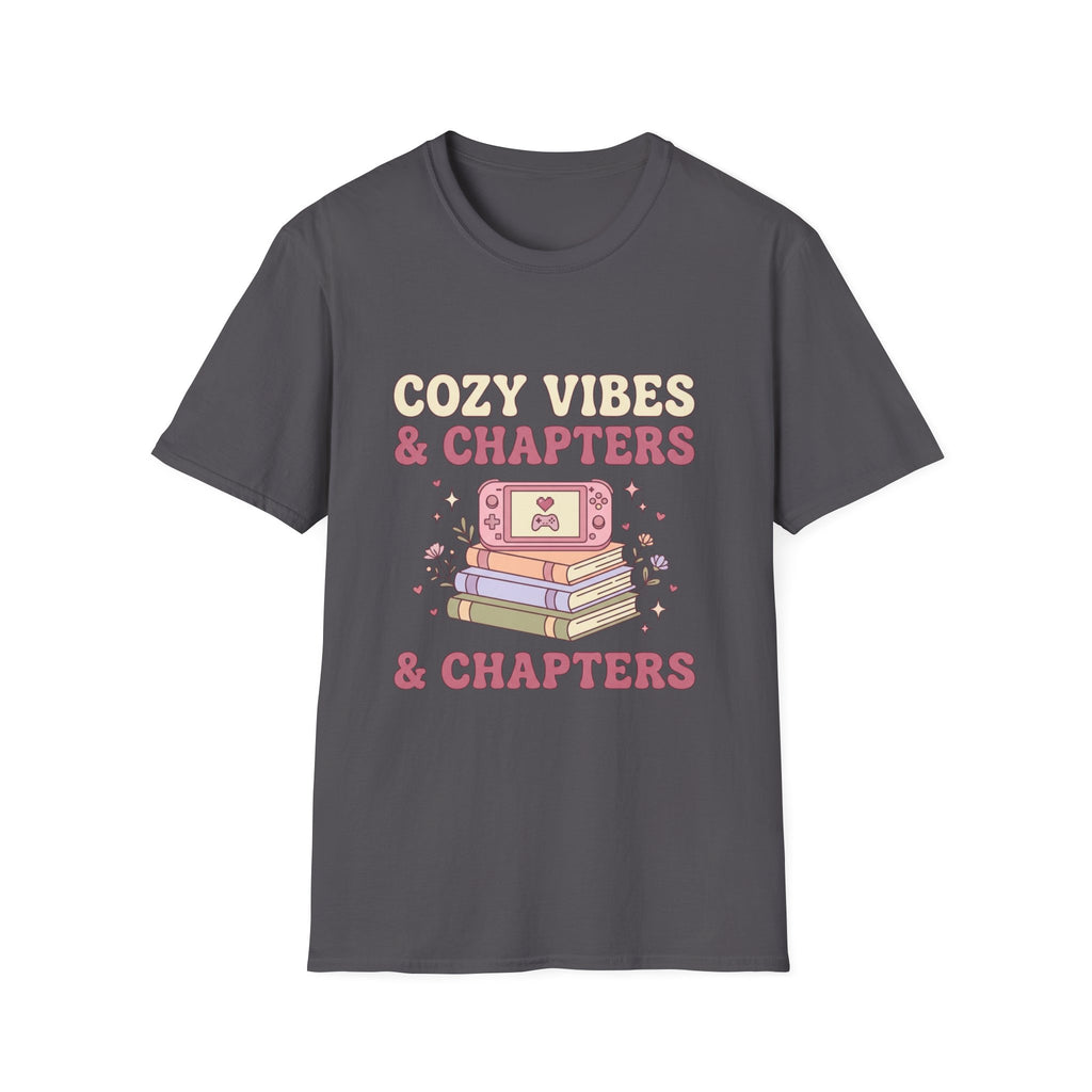 Cozy Vibes & Chapters T-Shirt — Cute Gamer + Booklover Graphic Tee