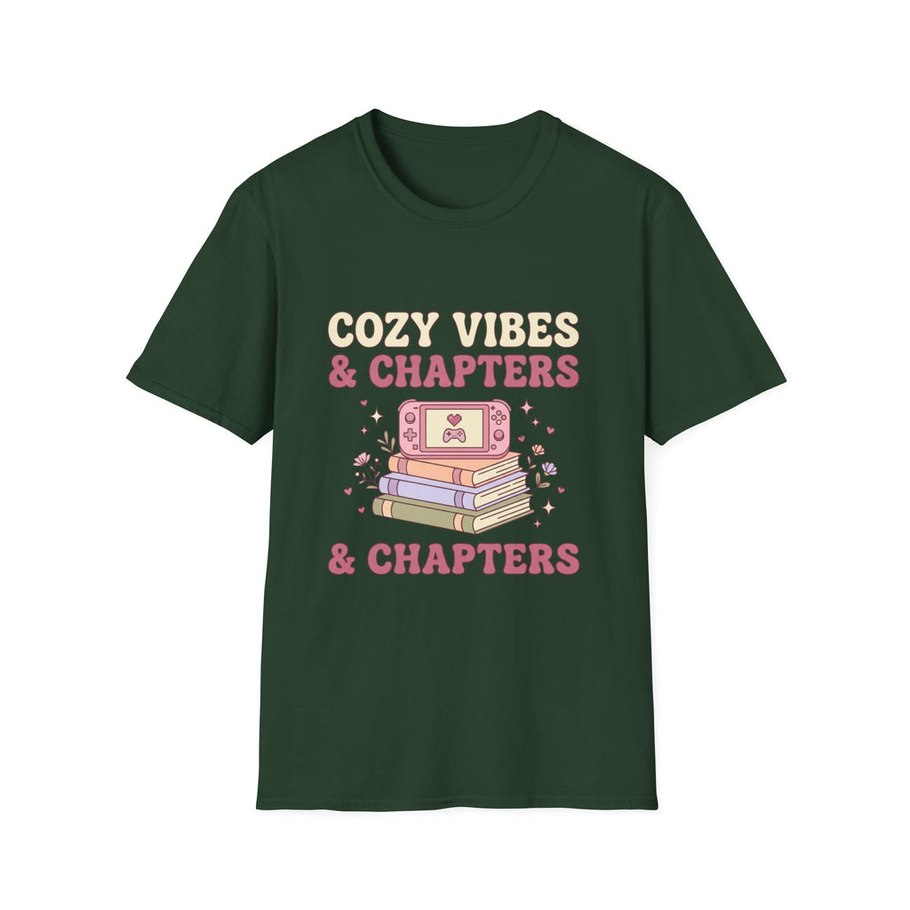 Cozy Vibes & Chapters T-Shirt — Cute Gamer + Booklover Graphic Tee