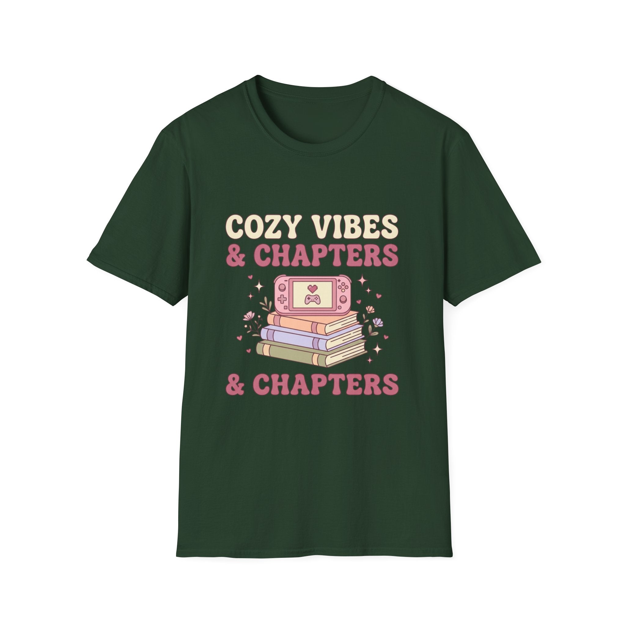 Cozy Vibes & Chapters T-Shirt — Cute Gamer + Booklover Graphic Tee