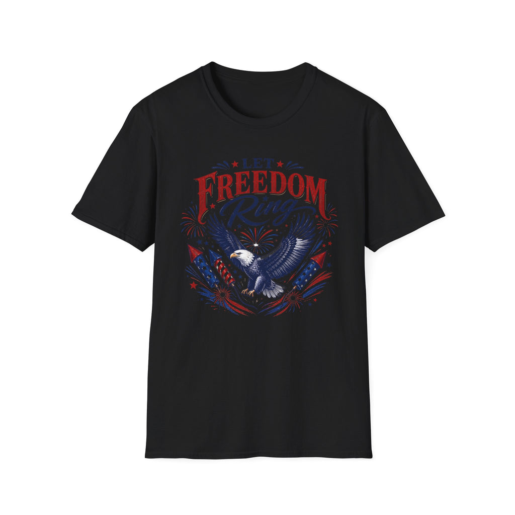 Let Freedom Ring T-Shirt | Patriotic American Bald Eagle Graphic Tee, Fourth Of July Retro Fireworks Top