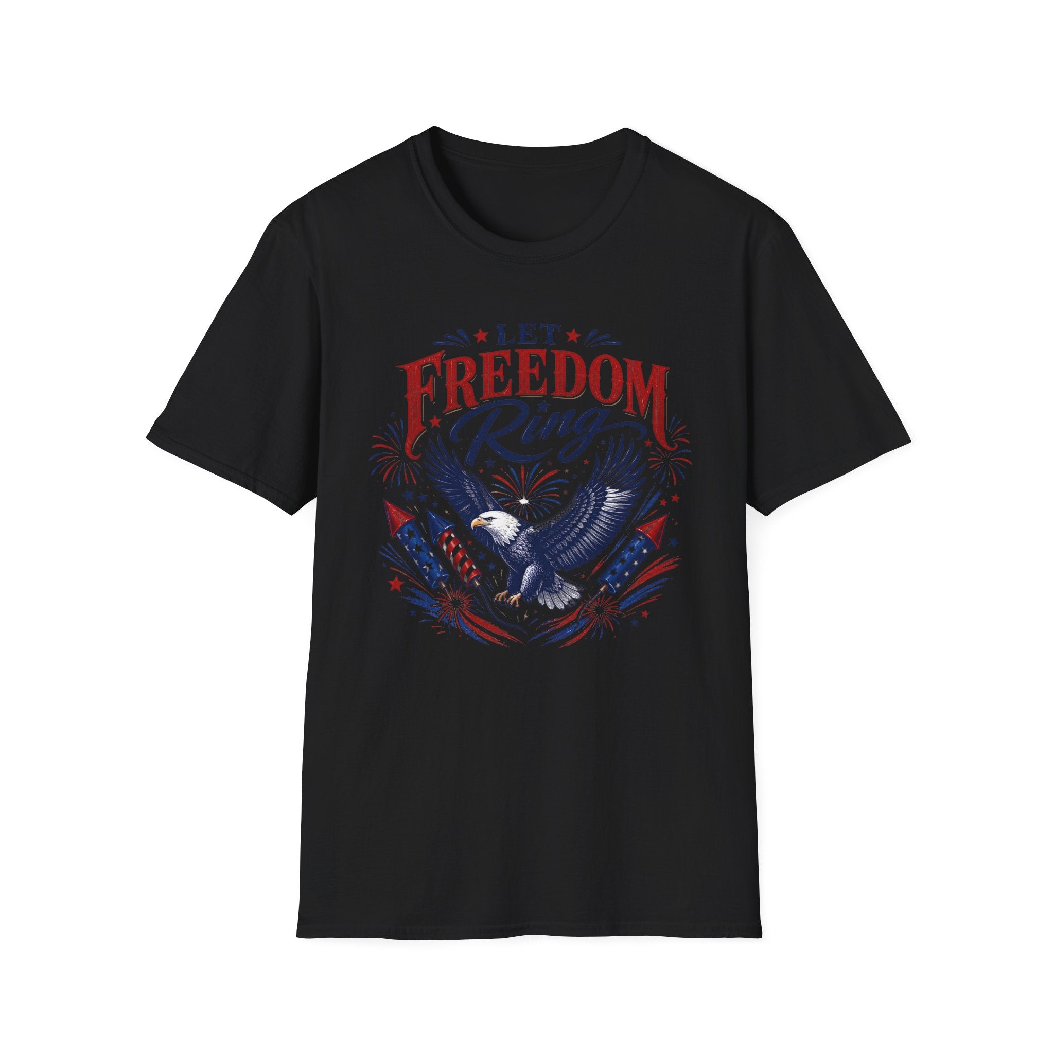 Let Freedom Ring T-Shirt | Patriotic American Bald Eagle Graphic Tee, Fourth Of July Retro Fireworks Top