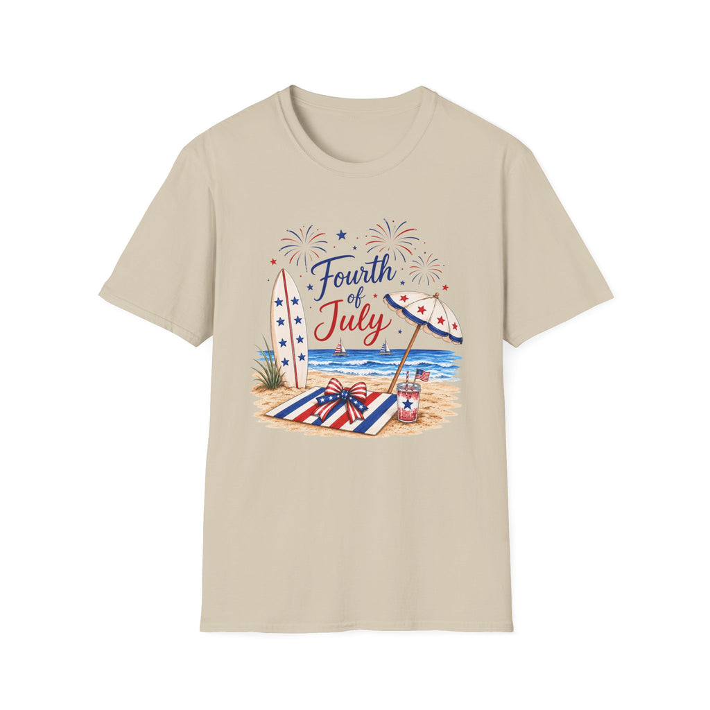 Fourth of July Beach Scene T-Shirt, Patriotic Summer Ocean Surfboard Tee, 4th of July Beach Vacation Shirt, Fireworks Umbrella Surfboard America