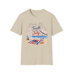 Fourth of July Beach Scene T-Shirt, Patriotic Summer Ocean Surfboard Tee, 4th of July Beach Vacation Shirt, Fireworks Umbrella Surfboard America