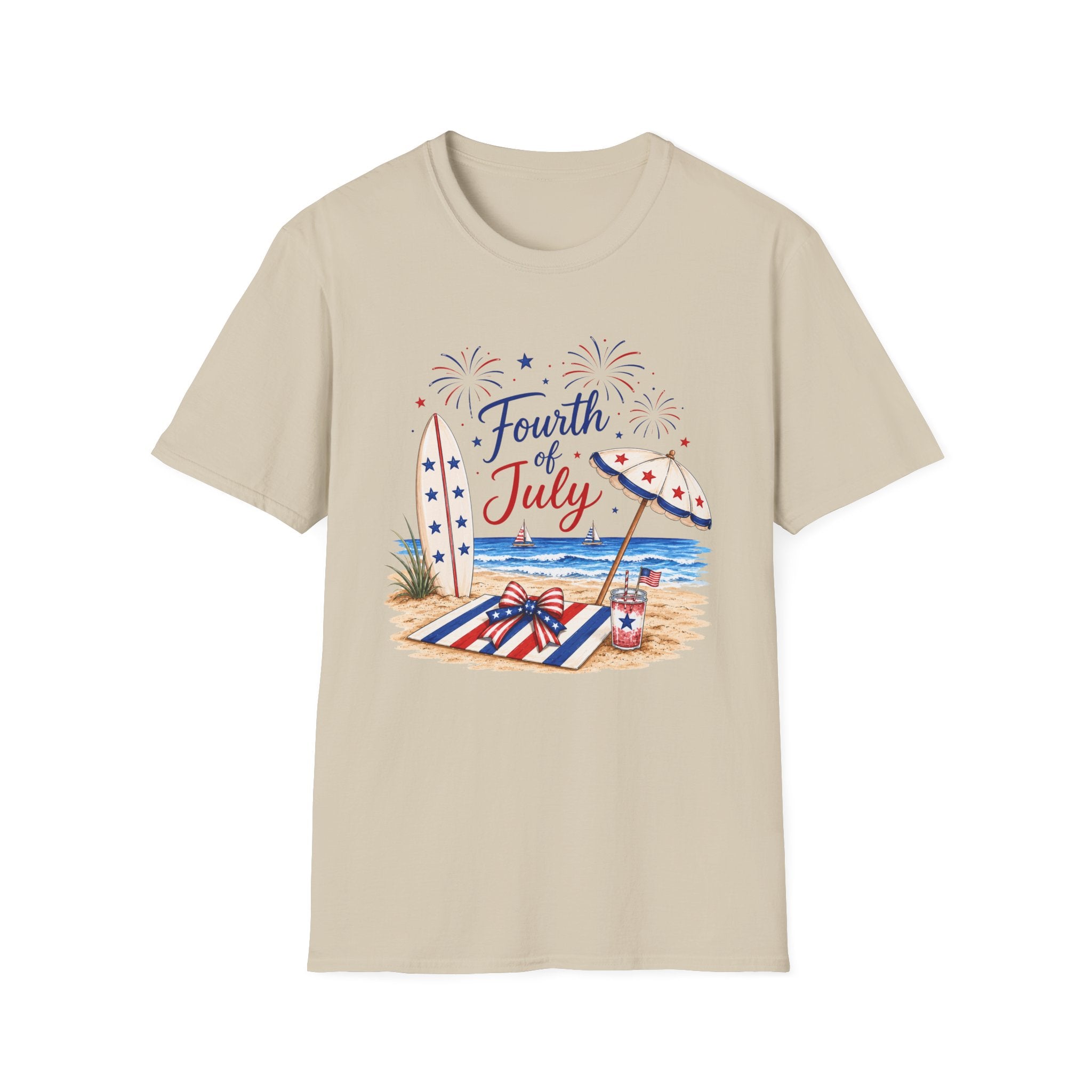 Fourth of July Beach Scene T-Shirt, Patriotic Summer Ocean Surfboard Tee, 4th of July Beach Vacation Shirt, Fireworks Umbrella Surfboard America
