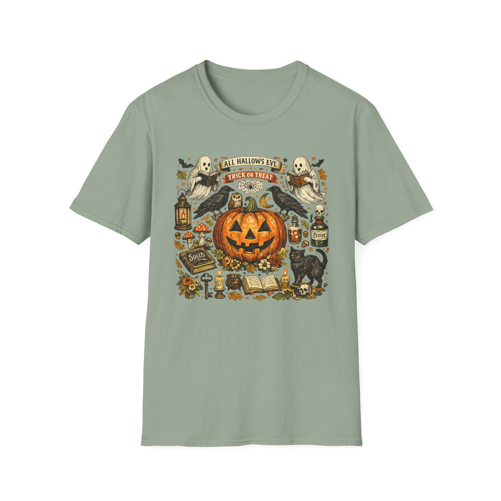 Halloween Pumpkin & Ghost Tee — "All Hallows Eve, Trick or Treat" Graphic T-Shirt