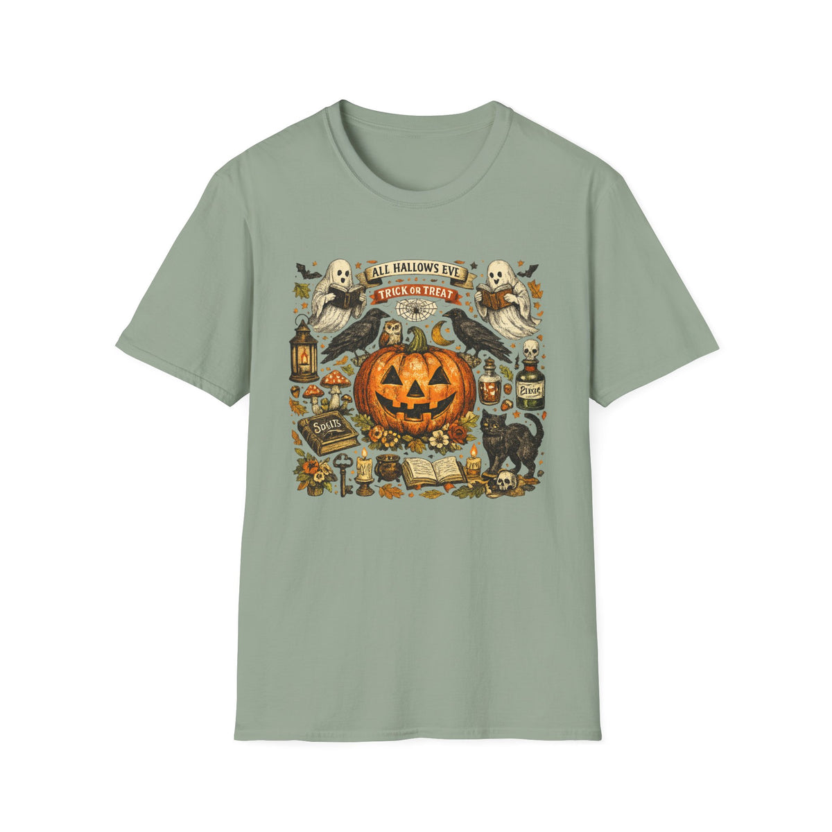 Halloween Pumpkin & Ghost Tee — "All Hallows Eve, Trick or Treat" Graphic T-Shirt