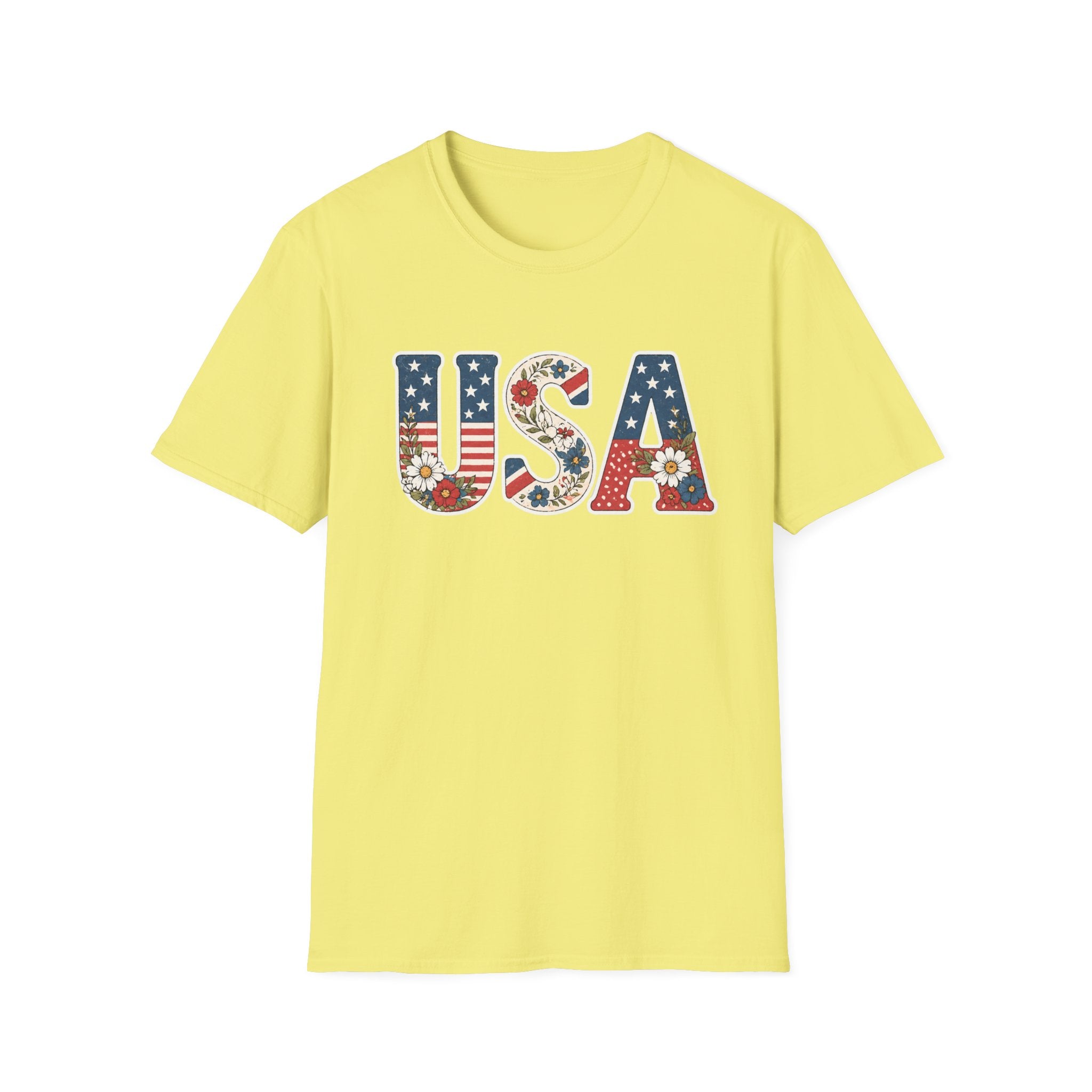 USA Patriotic Floral T-Shirt | American Flag Block Lettering Graphic Tee, Fourth Of July Vintage Cottagecore Top