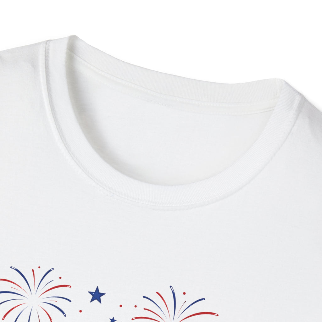 Fourth of July Beach Scene T-Shirt, Patriotic Summer Ocean Surfboard Tee, 4th of July Beach Vacation Shirt, Fireworks Umbrella Surfboard America