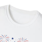 Fourth of July Beach Scene T-Shirt, Patriotic Summer Ocean Surfboard Tee, 4th of July Beach Vacation Shirt, Fireworks Umbrella Surfboard America