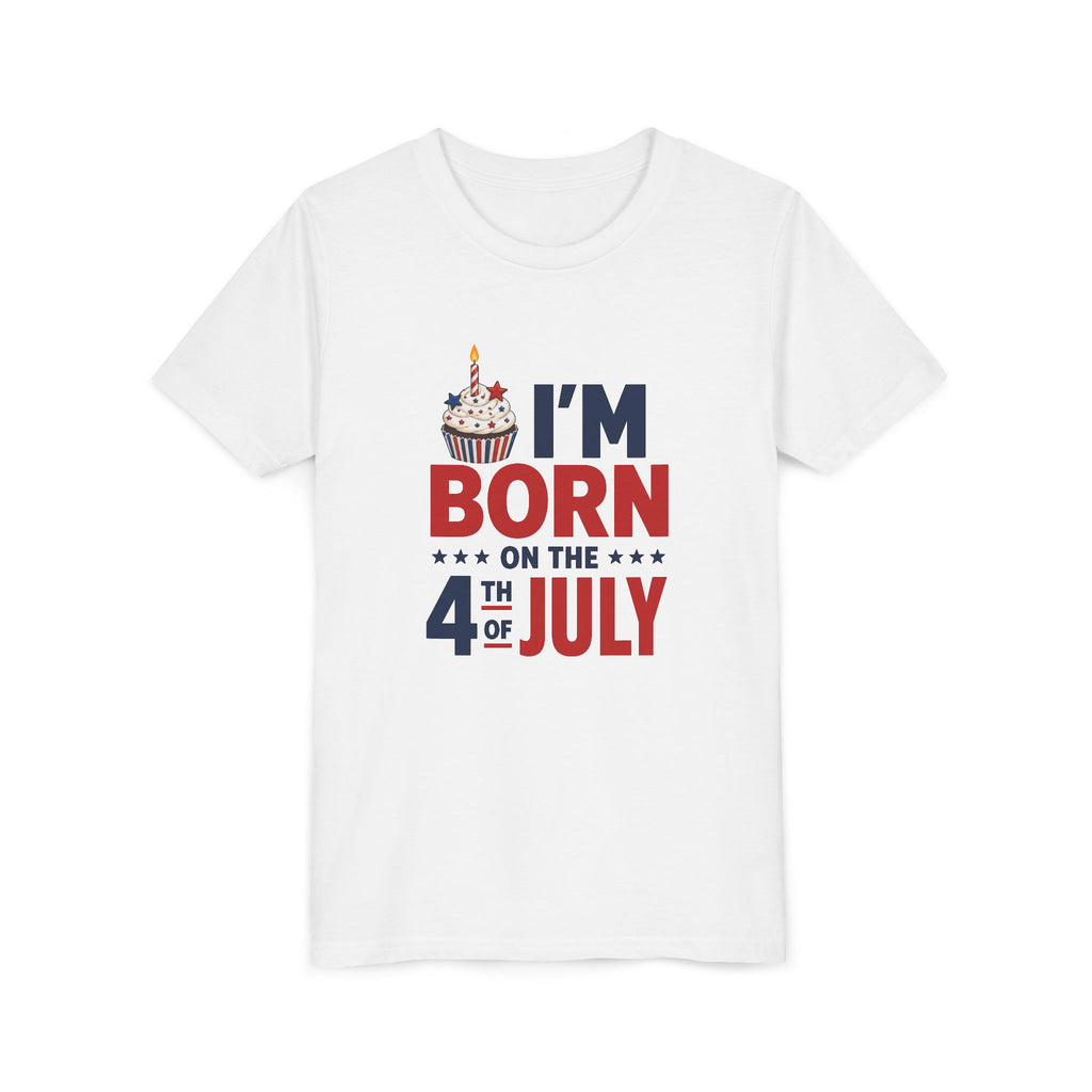 Born on the 4th of July Tee, Patriotic Birthday USA Shirt, Red White Blue Cupcake Graphic Top, Independence Day Celebration Outfit Youth Short Sleeve Tee