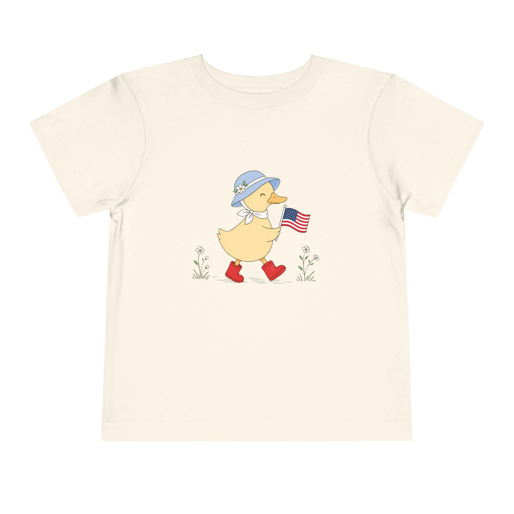 Patriotic Duck USA Tee, Cute Red White Blue Shirt, Summer Flag Graphic Top, Fourth of July Celebration Outfit Toddler Short Sleeve Tee