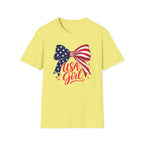 USA Girl T-Shirt, Coquette Flag Bow Pink Script Tee, 4th of July Girl Shirt Women Teens, Stars Stripes Bow Sparkle Patriotic Gift, Cute Pink Script Independence Day Tee