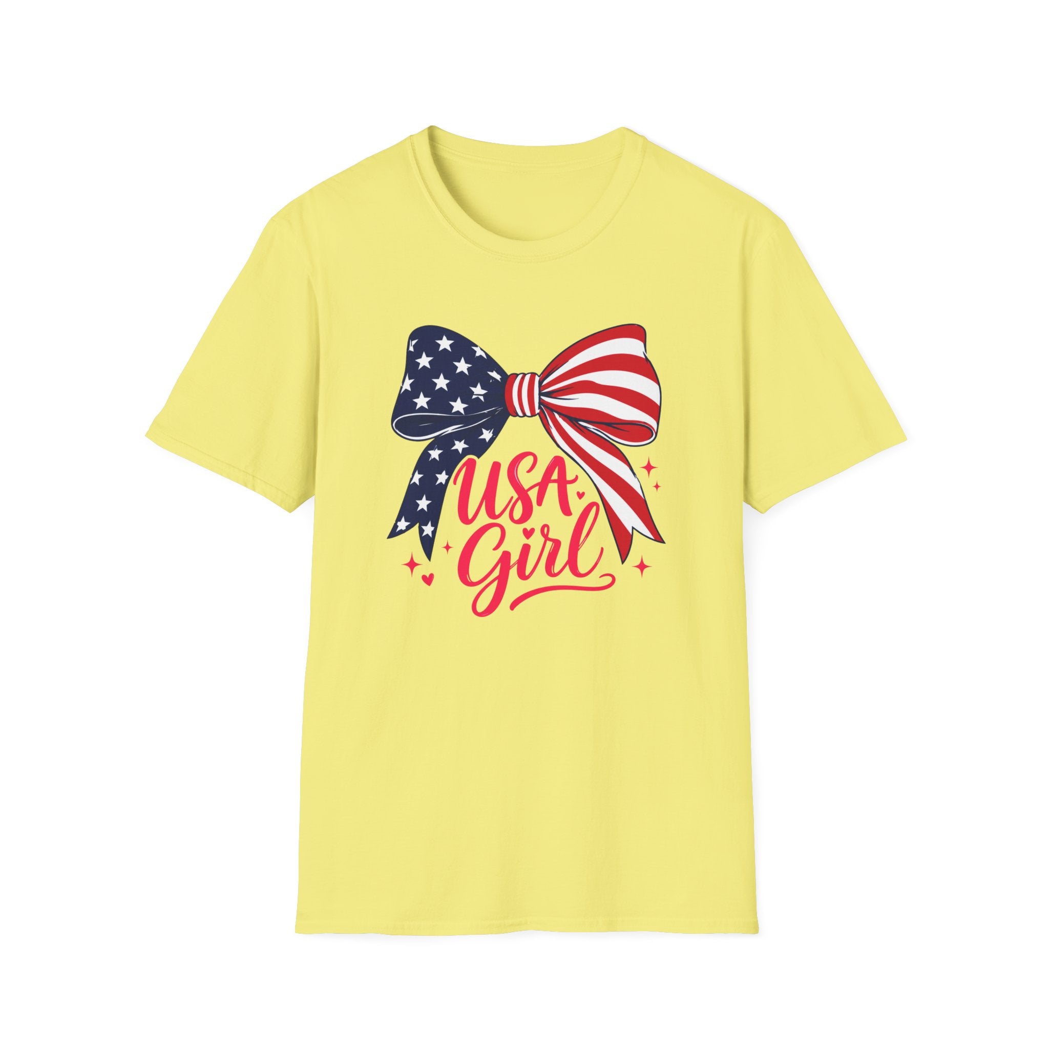 USA Girl T-Shirt, Coquette Flag Bow Pink Script Tee, 4th of July Girl Shirt Women Teens, Stars Stripes Bow Sparkle Patriotic Gift, Cute Pink Script Independence Day Tee