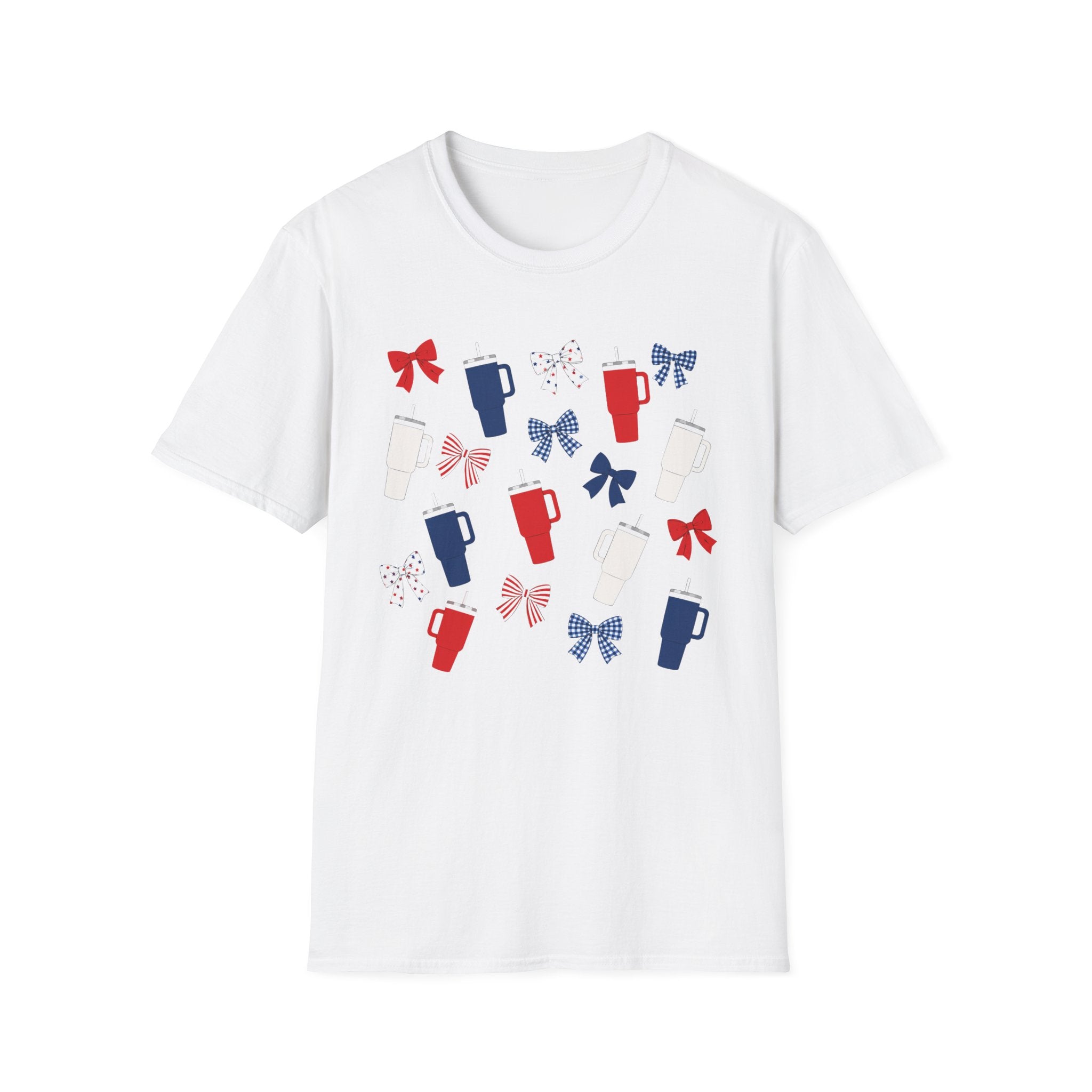 Patriotic Coffee Lover T-Shirt, Americana Bow Graphic Tee, Fourth of July Iced Drink Shirt, Cute Summer Cafe Apparel, Coquette USA Outfit