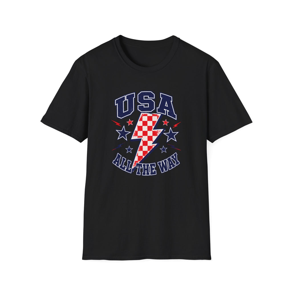 USA All The Way Patriotic T-Shirt, Retro Americana Graphic Tee, Vintage Fourth of July Shirt, Lightning Bolt Checkered Design, Summer Independence Day Apparel T-Shirt