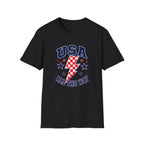 USA All The Way Patriotic T-Shirt, Retro Americana Graphic Tee, Vintage Fourth of July Shirt, Lightning Bolt Checkered Design, Summer Independence Day Apparel T-Shirt