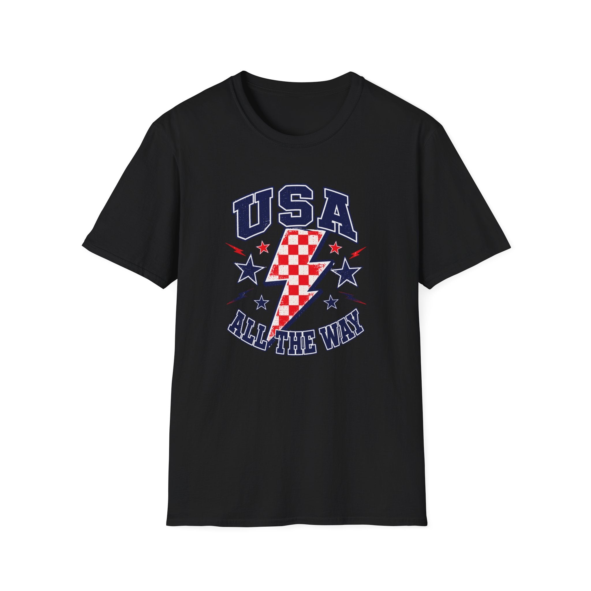 USA All The Way Patriotic T-Shirt, Retro Americana Graphic Tee, Vintage Fourth of July Shirt, Lightning Bolt Checkered Design, Summer Independence Day Apparel T-Shirt
