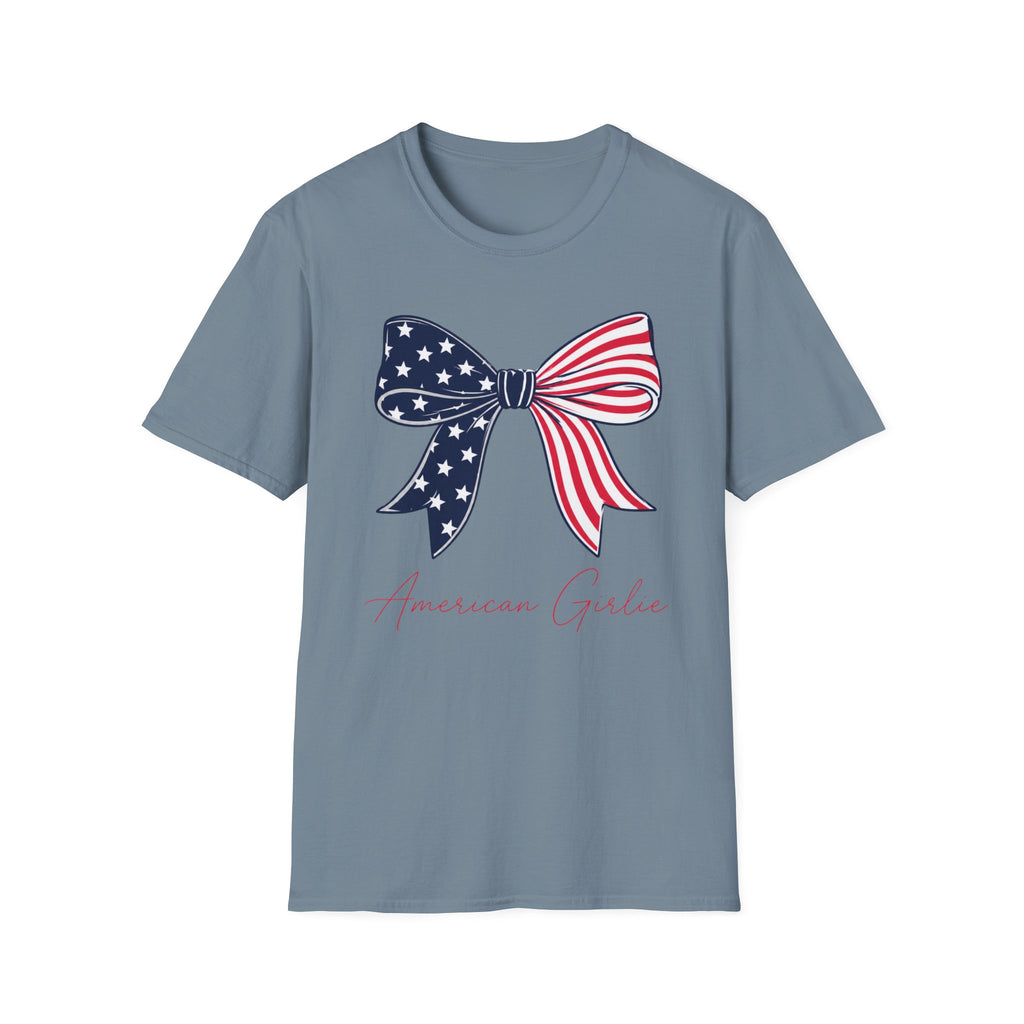 American Girlie Bow Shirt, Clean Split Flag Coquette Tee, Navy Stars Red Stripes Bow 4th of July Women Girls, Bold Graphic Patriotic Script Gift Independence Day