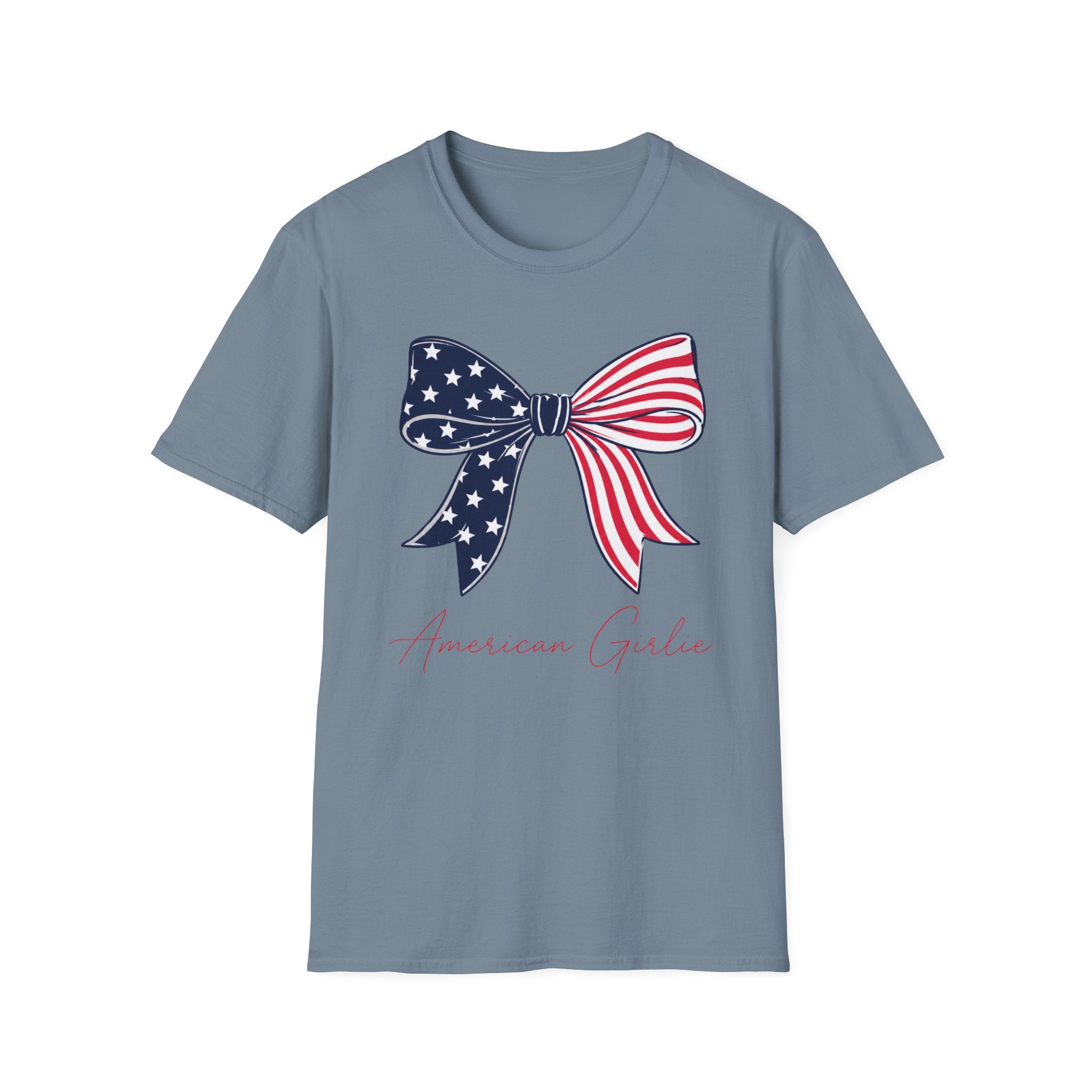 American Girlie Bow Shirt, Clean Split Flag Coquette Tee, Navy Stars Red Stripes Bow 4th of July Women Girls, Bold Graphic Patriotic Script Gift Independence Day