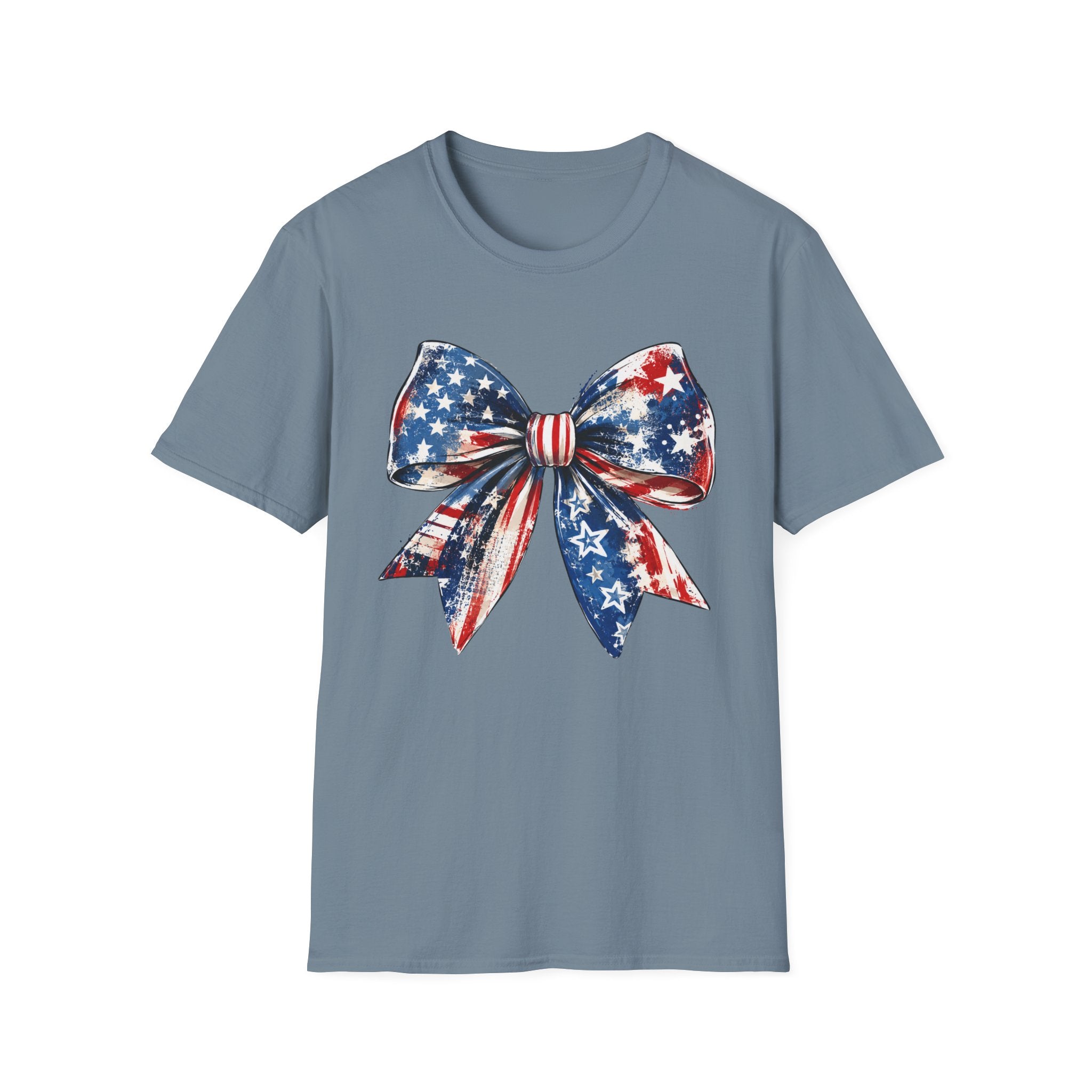 Distressed Watercolor Patriotic Bow T-Shirt, Vintage Grunge American Flag Bow Tee, Worn Texture Coquette 4th of July Shirt, Brushstroke Stars Stripes Bow Gift