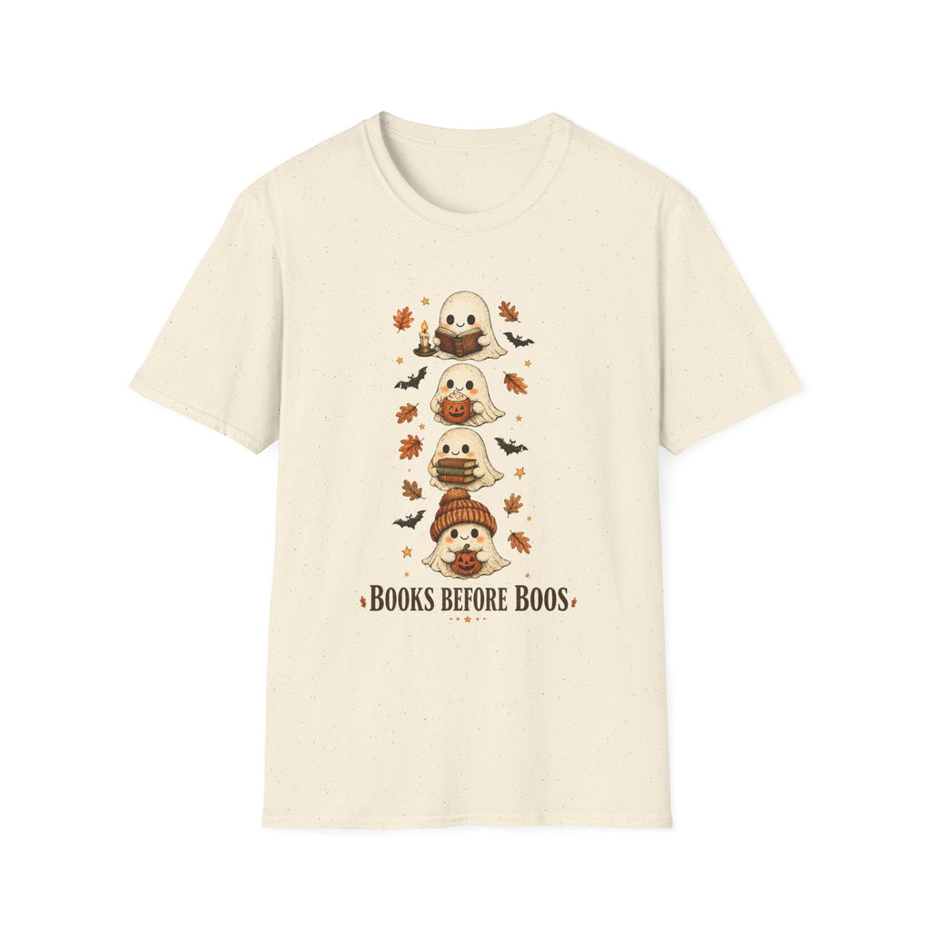 Ghost Stack T‑Shirt — "Books Before Boos" Cute Halloween Reading Tee