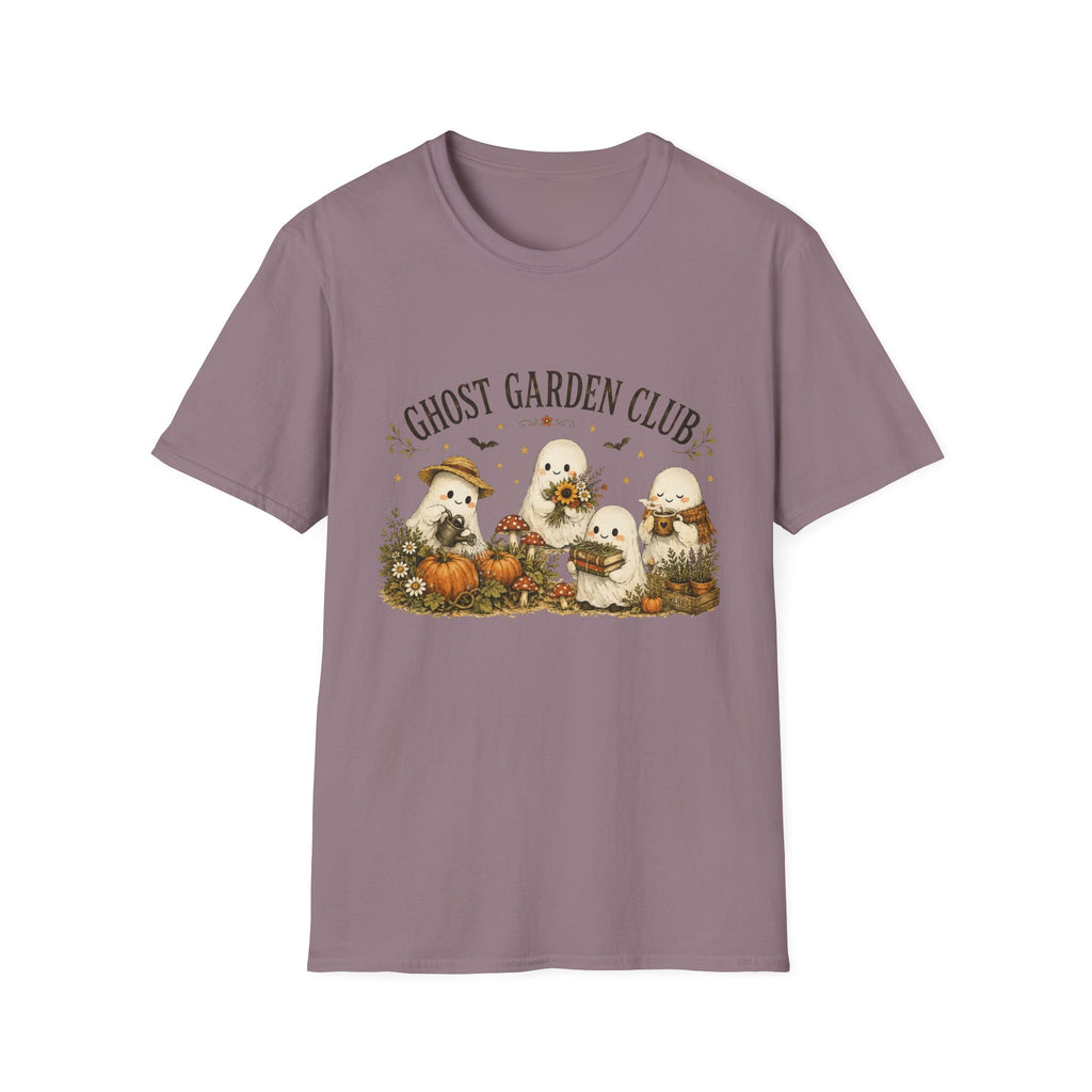 Ghost Garden Club T-Shirt — Cute Autumn Halloween Ghosts with Pumpkins & Flowers