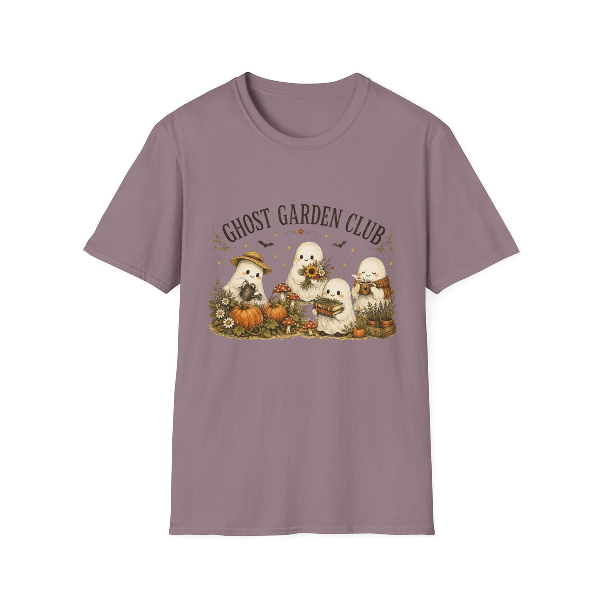 Ghost Garden Club T-Shirt — Cute Autumn Halloween Ghosts with Pumpkins & Flowers