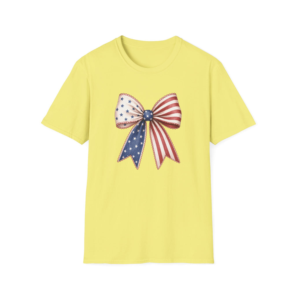 Patriotic American Flag Bow Tee, USA Pride Graphic Shirt, Fourth of July Outfit, Cute Red White Blue Bow Top