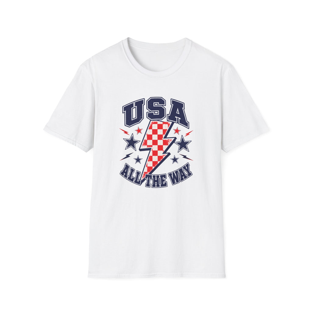 USA All The Way Patriotic T-Shirt, Retro Americana Graphic Tee, Vintage Fourth of July Shirt, Lightning Bolt Checkered Design, Summer Independence Day Apparel T-Shirt