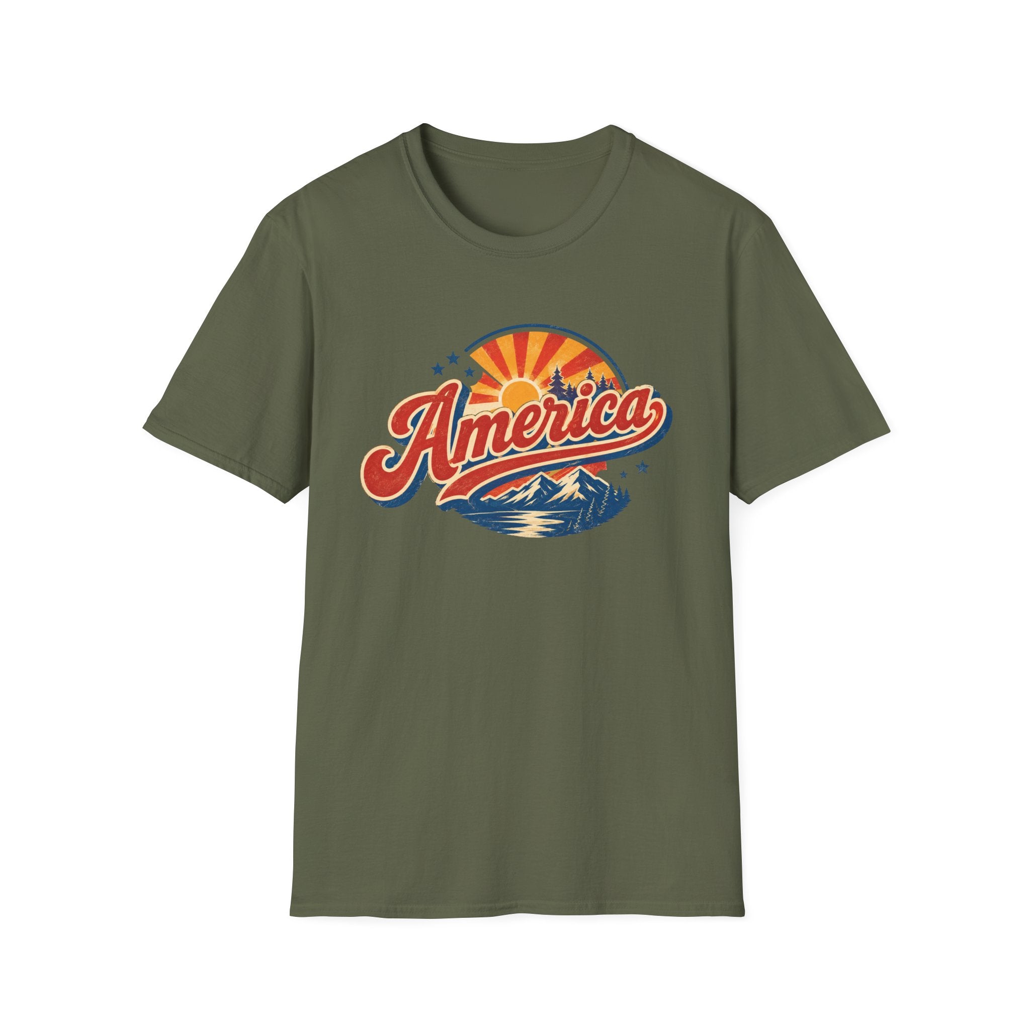 Retro America Shirt 4th of July Vintage Mountain Graphic Tee Sunset Landscape Fourth July Patriotic Stars Nature Lover