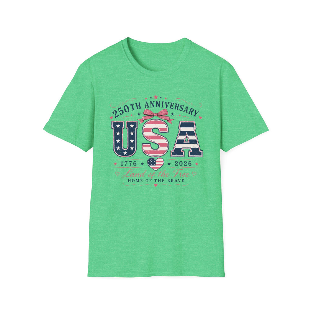 250th Anniversary USA Coquette Bow Shirt, Land of the Free Home of the Brave Women's Tee, Varsity Stars Stripes Heart 1776 2026 T-Shirt