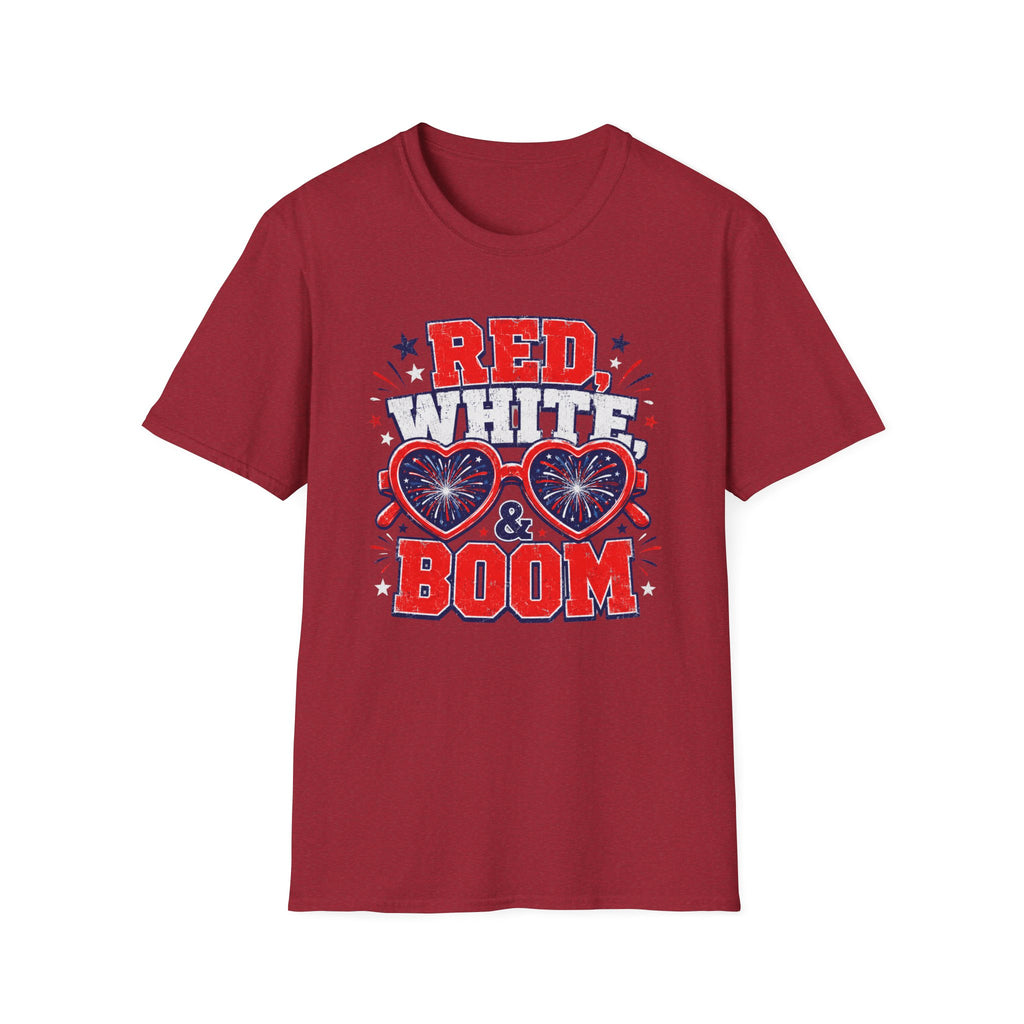 Red White Boom Sunglasses Shirt, Funny Patriotic Heart Glasses Firework Tee, 4th of July Pun Party T-Shirt, Retro Boom America Celebration Gift