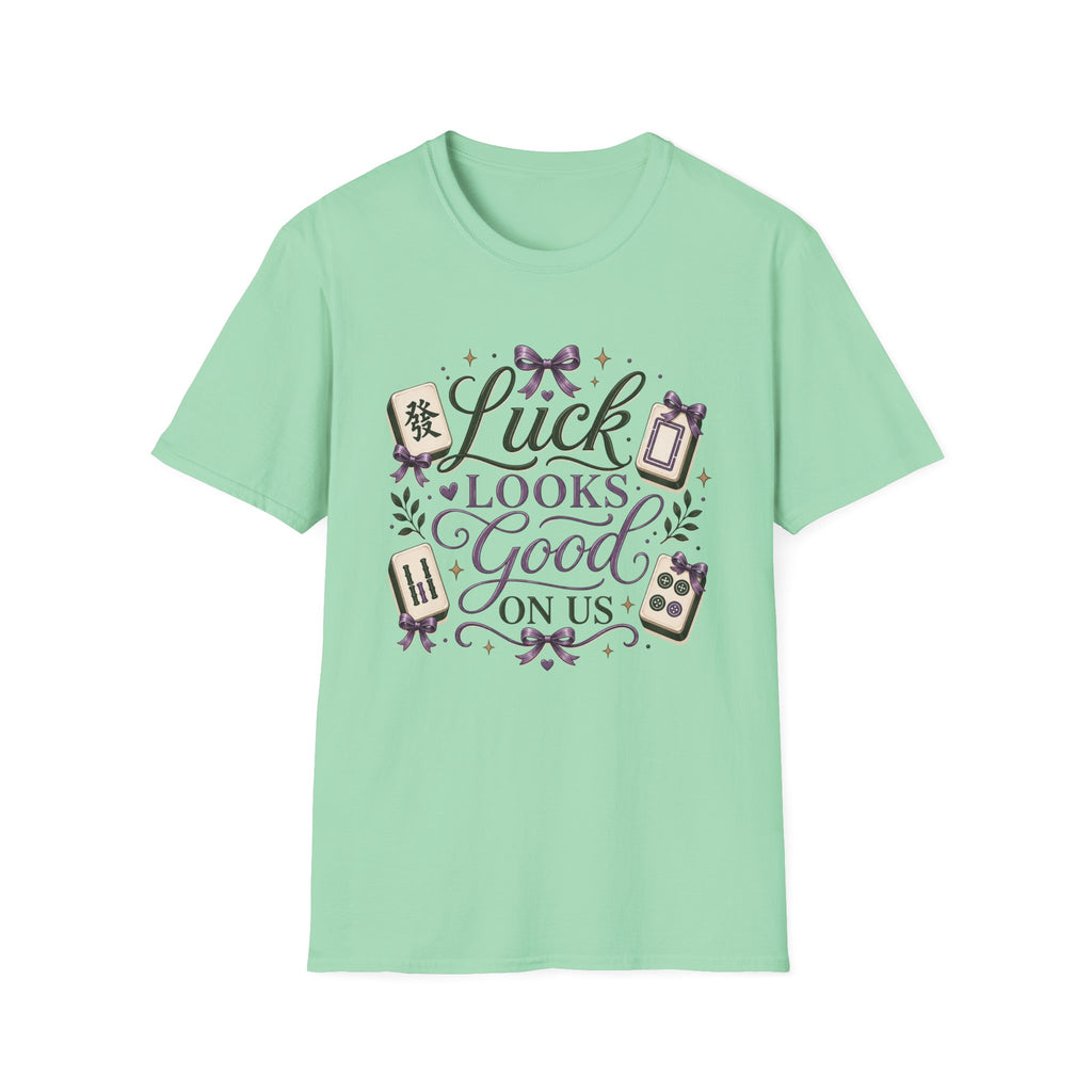 T-Shirt — "Luck Looks Good On Us" Graphic Tee (Mahjong & Charm Design)